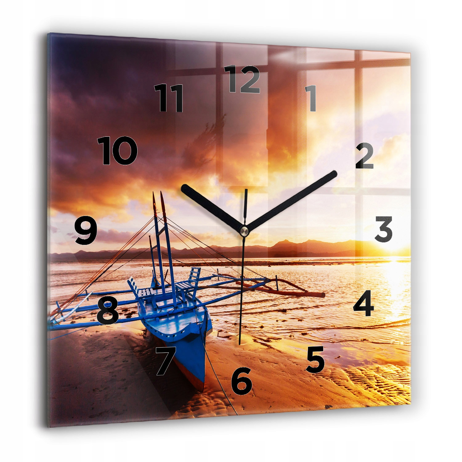 Skleněné hodiny do kuchyně na zeď s motivem lodi a západu slunce 60x60 cm