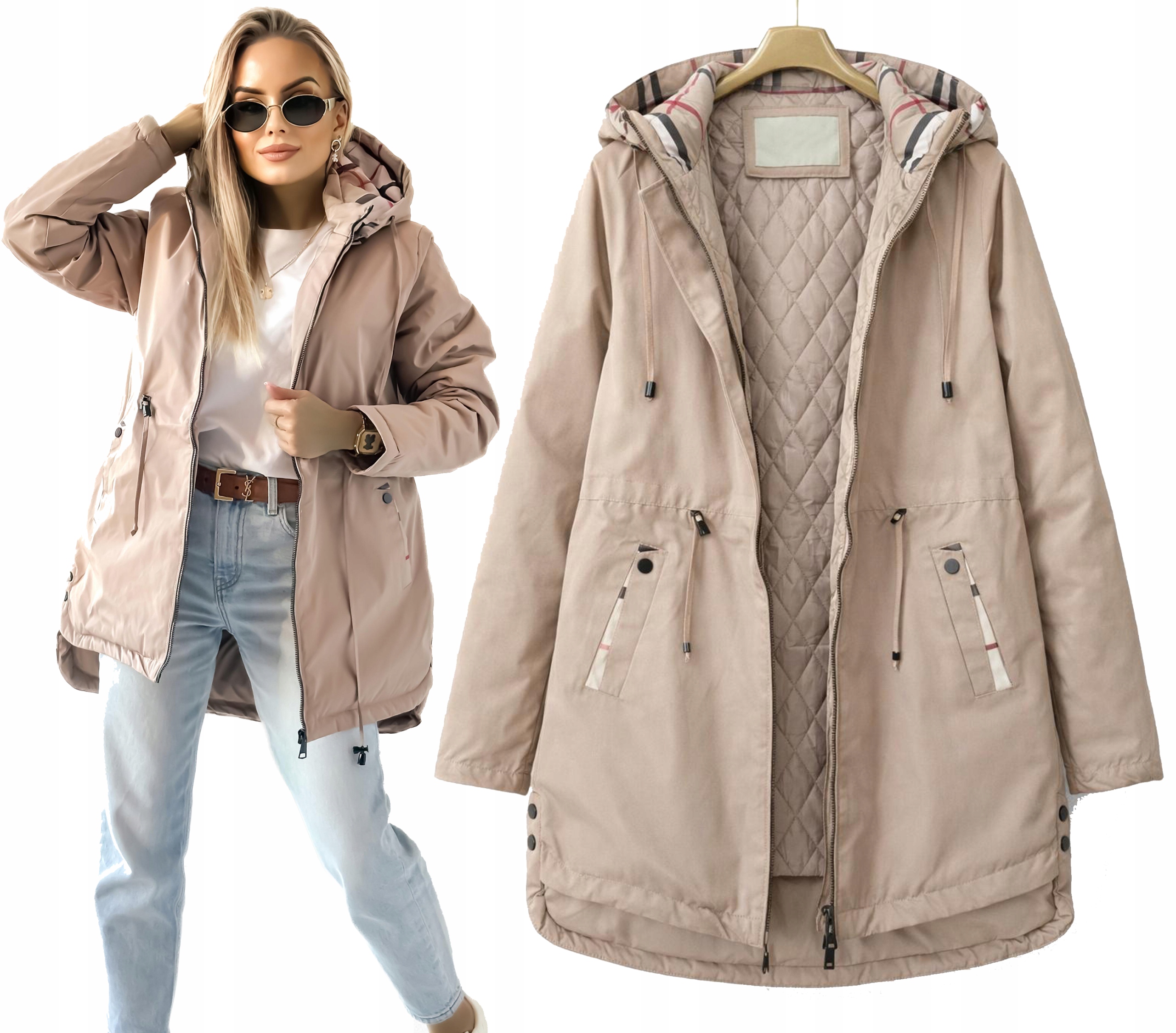 Beige Przejściowa Kurtka damska płaszczyk Parka ocieplana kaptur 44 Leya