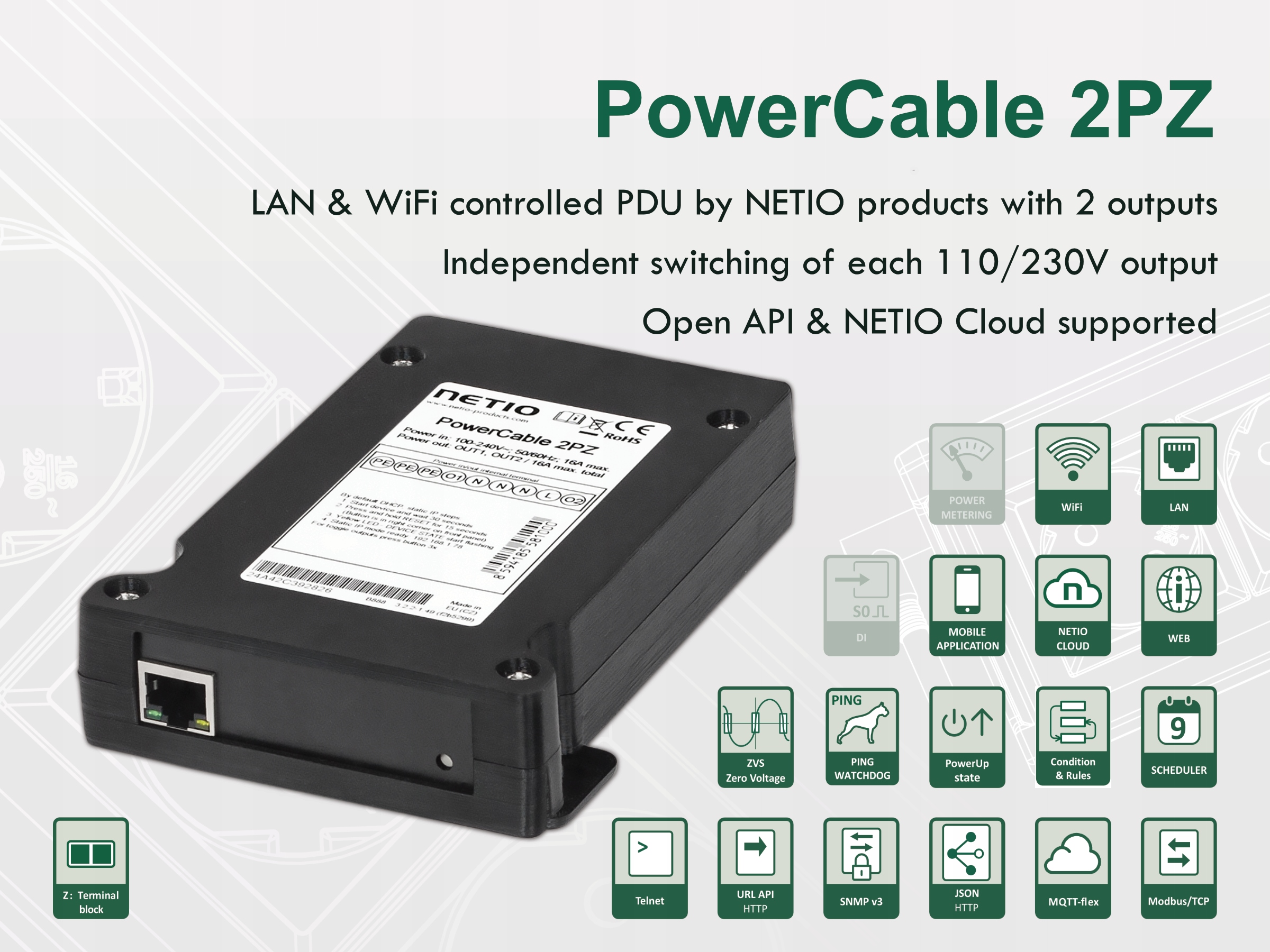 Netio PowerCable 2PZ Smart Lan/wifi 2x zásuvka 230V/16A POWERCABLE2PZ