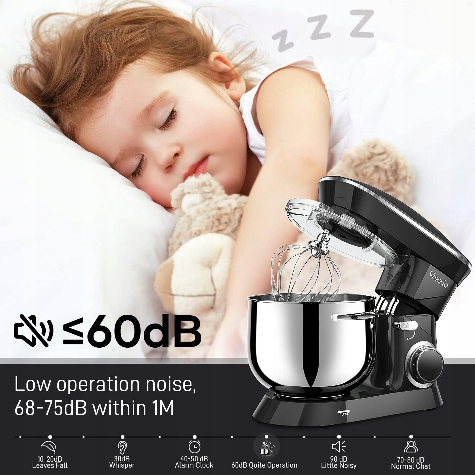 VEZZIO Robot Kuchenny 1500W Cichy 10 Prędkości 85L Czarna Misa Stalowa — miniatura 6