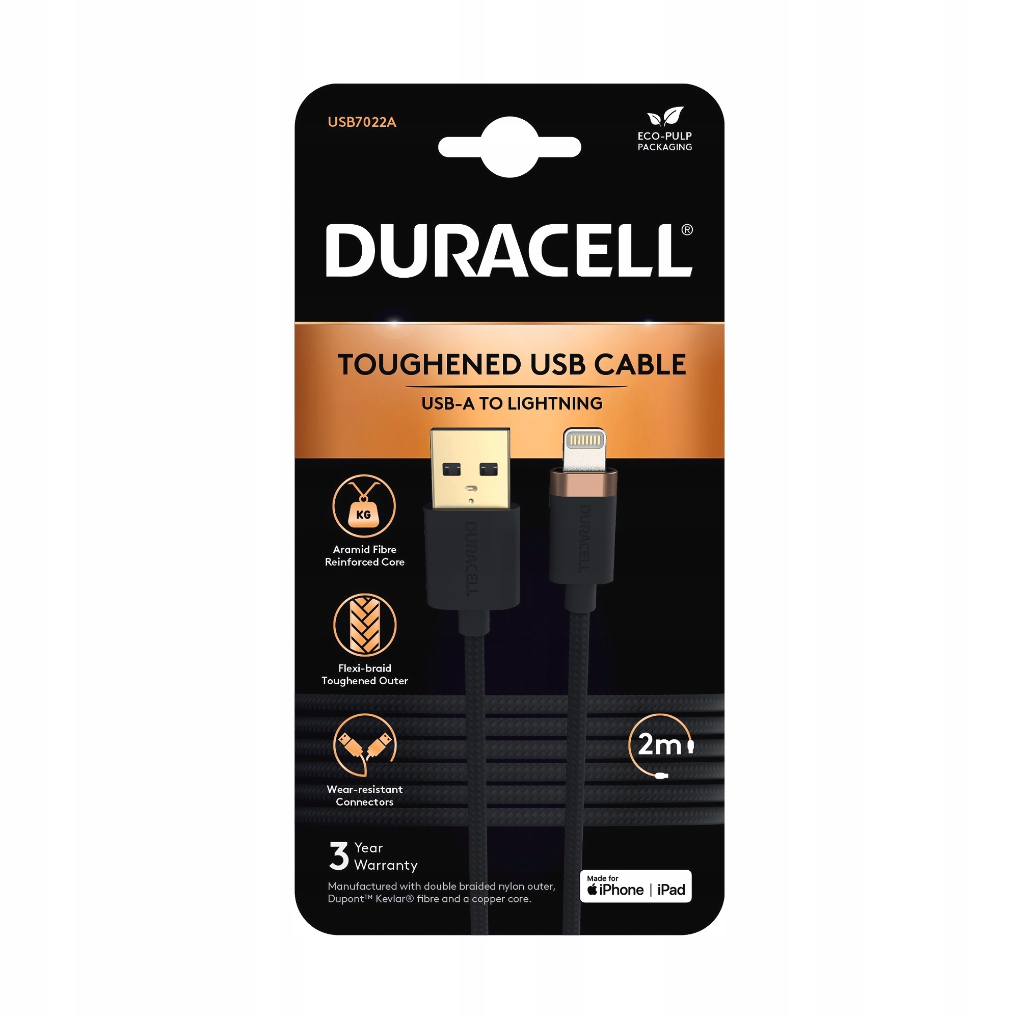 Duracell 2M Czarny Nylonowy Kabel Usb-a Lightning(iPhone)