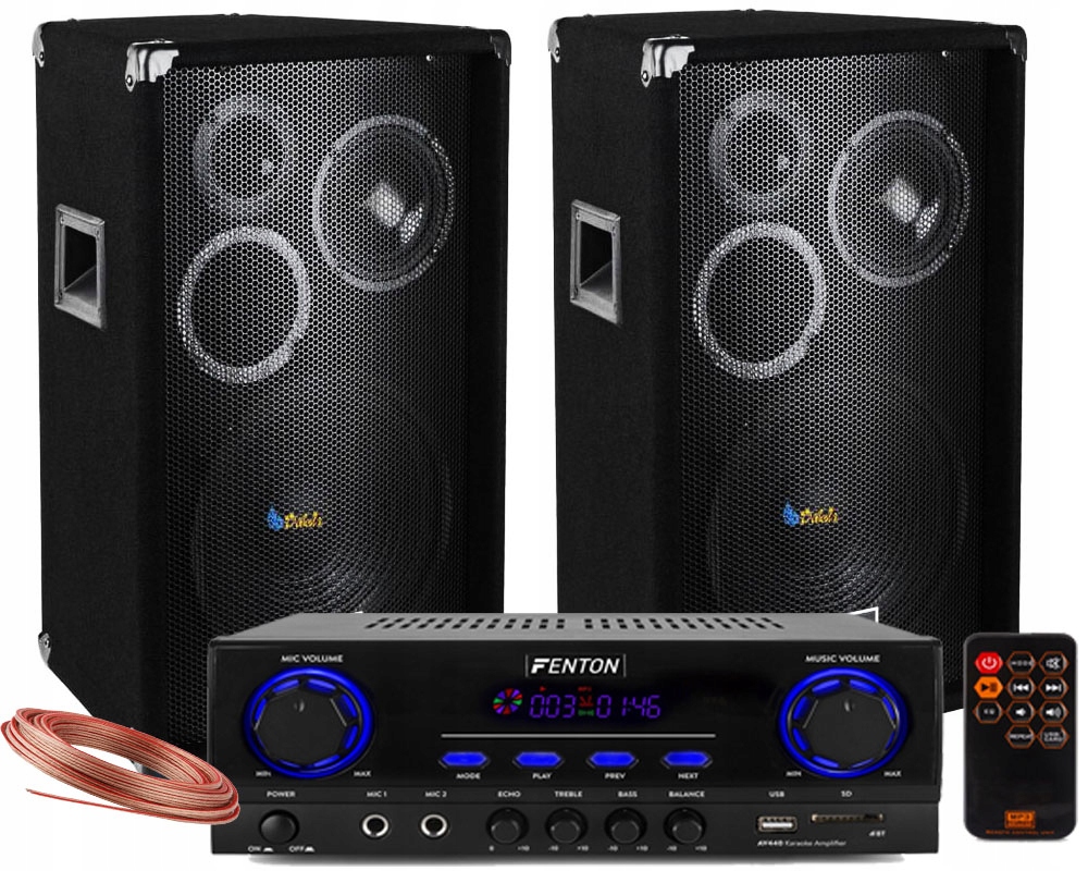 ZESTAW KOLUMN ESTRADOWYCH 800W WZMACNIACZ BT USB NAGŁOŚNIENIE