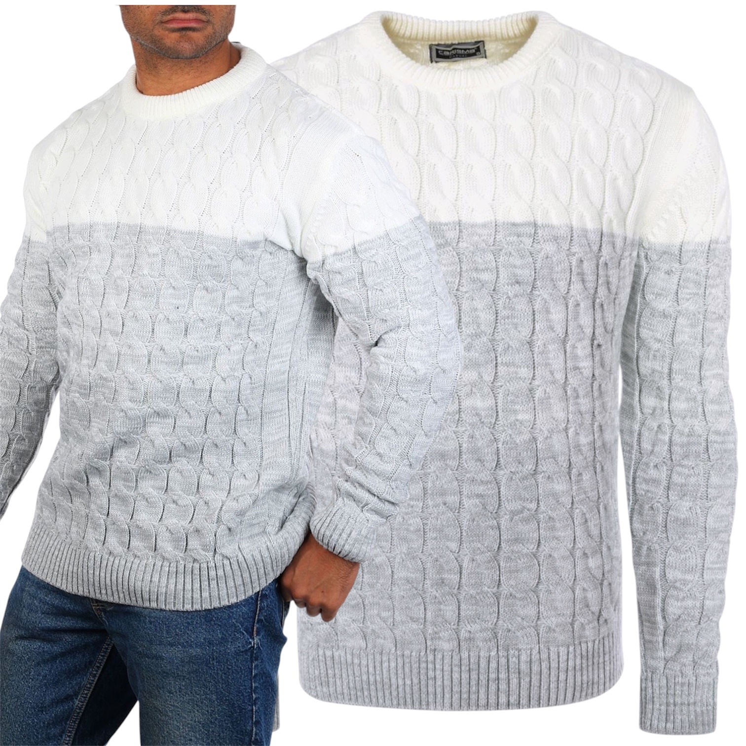 Pánský svetr Elegantní Ombre Copánky Teplý Šedý Kulatý Výstřih S