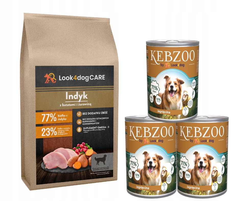 Krmivo pro psy Look4dog Care Krůta 6 kg Kebzoo jehněčí 3x400 g