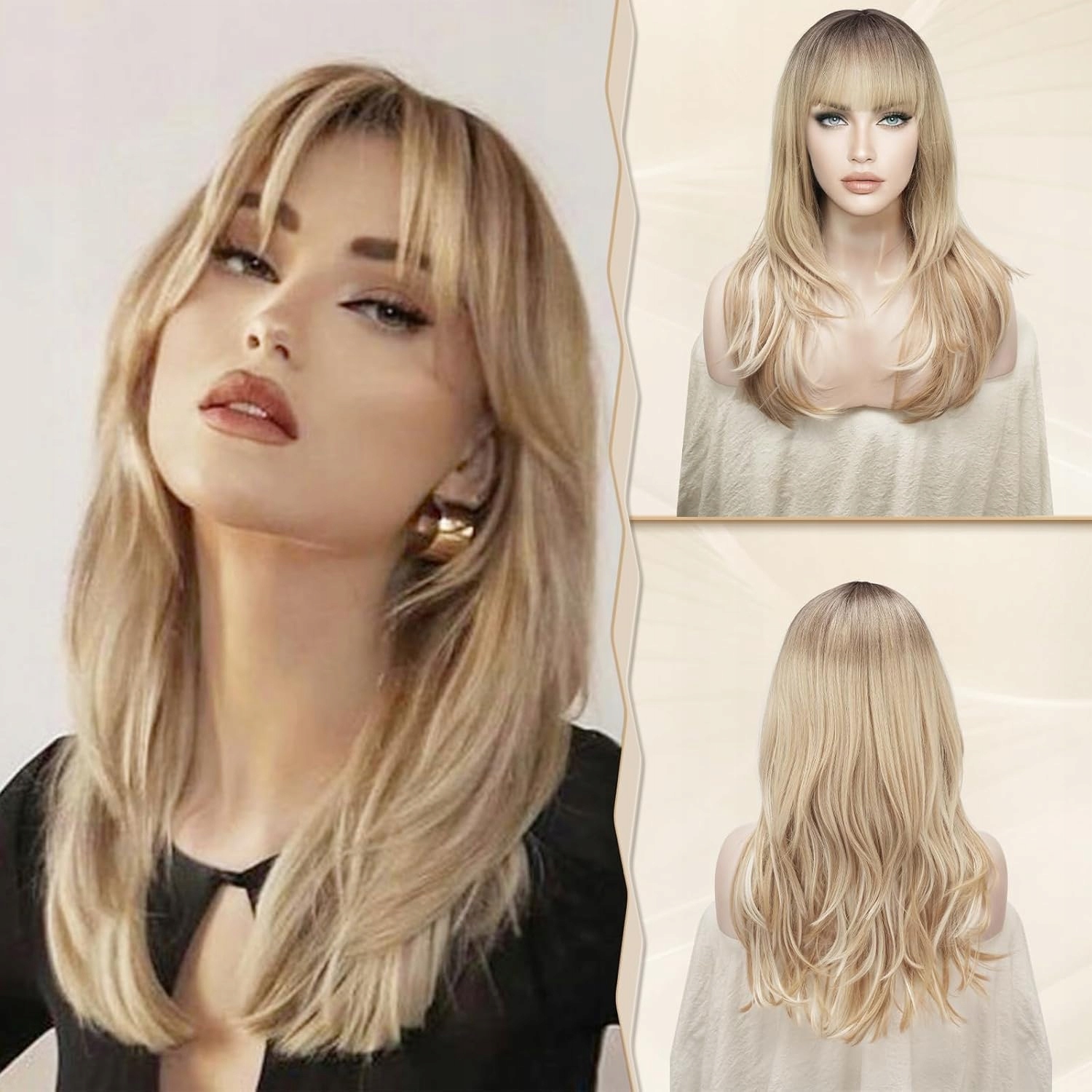 Peruka Sofeiyan Blond z Ciemnymi Odrostami – Długie Włosy z Grzywką