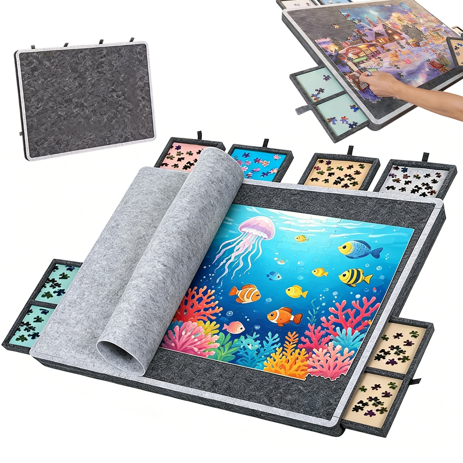 Deska do puzzli filcowa 1000 el. z 6 kolorowymi szufladami, szara