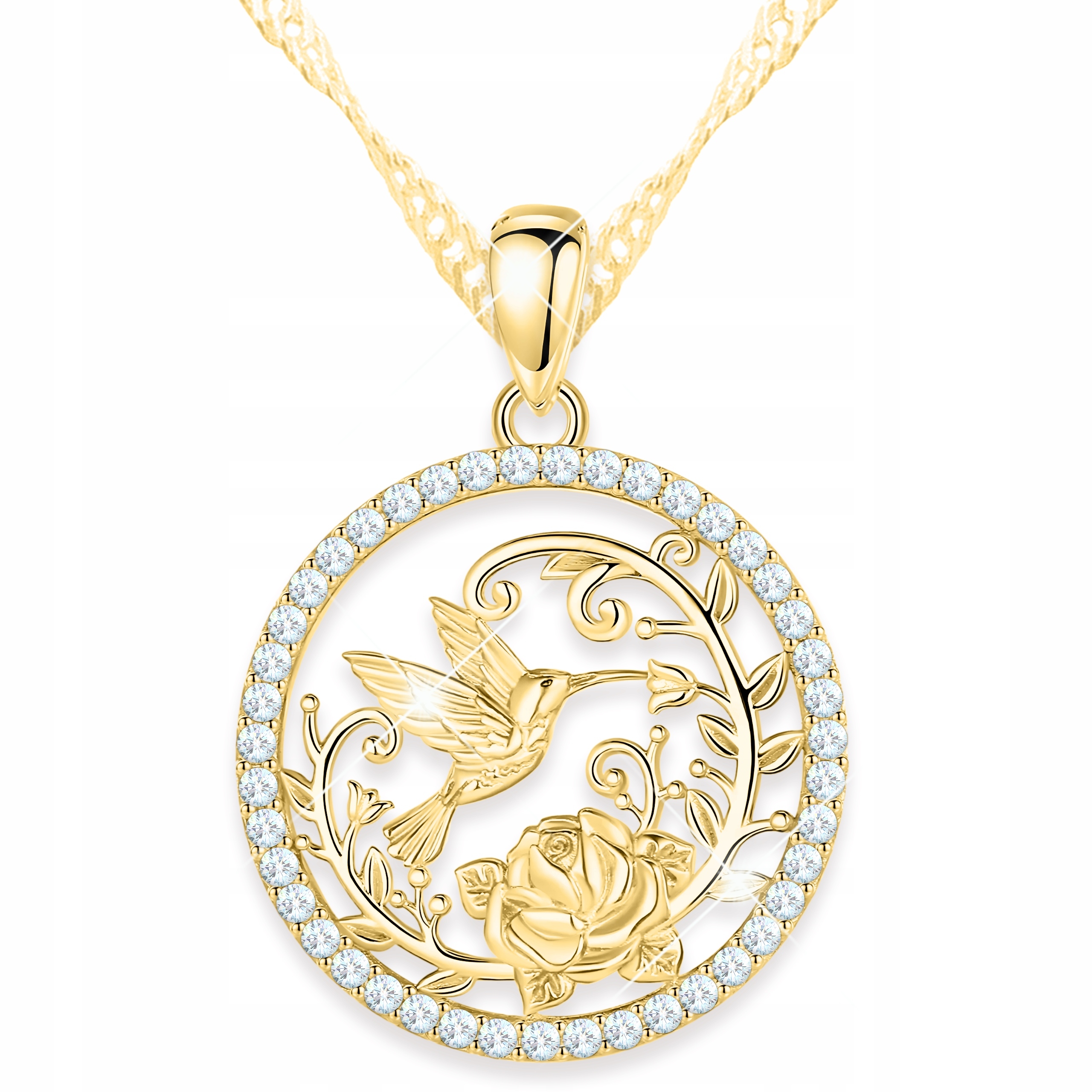 Zlatý náhrdelník s kolibříkem Louka Růže Pták Kolibřík Vlaštovka Stříbro 925