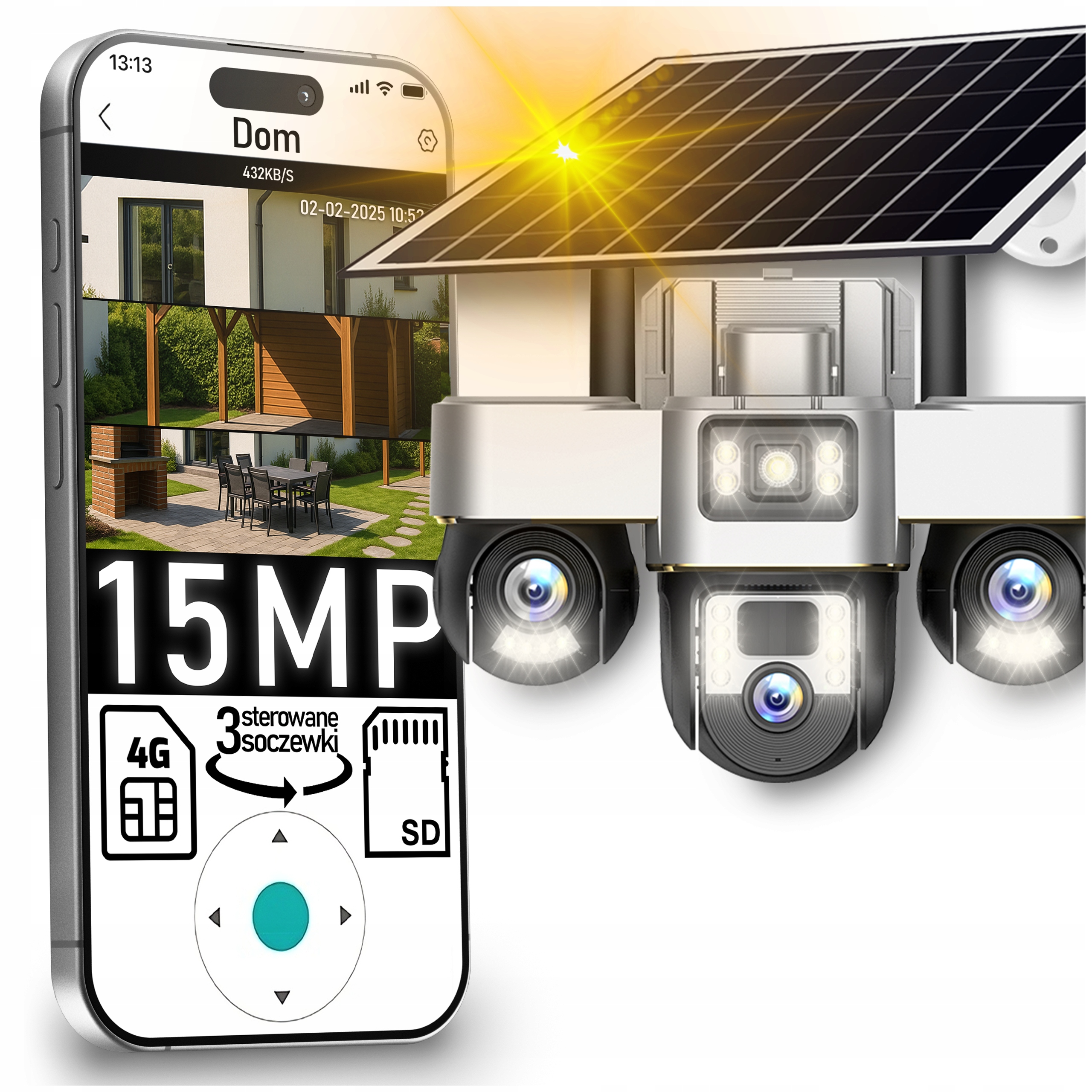 Venkovní Solární Kamera 4K 3 Otočné Čočky 15MPx 4G Bezdrátová