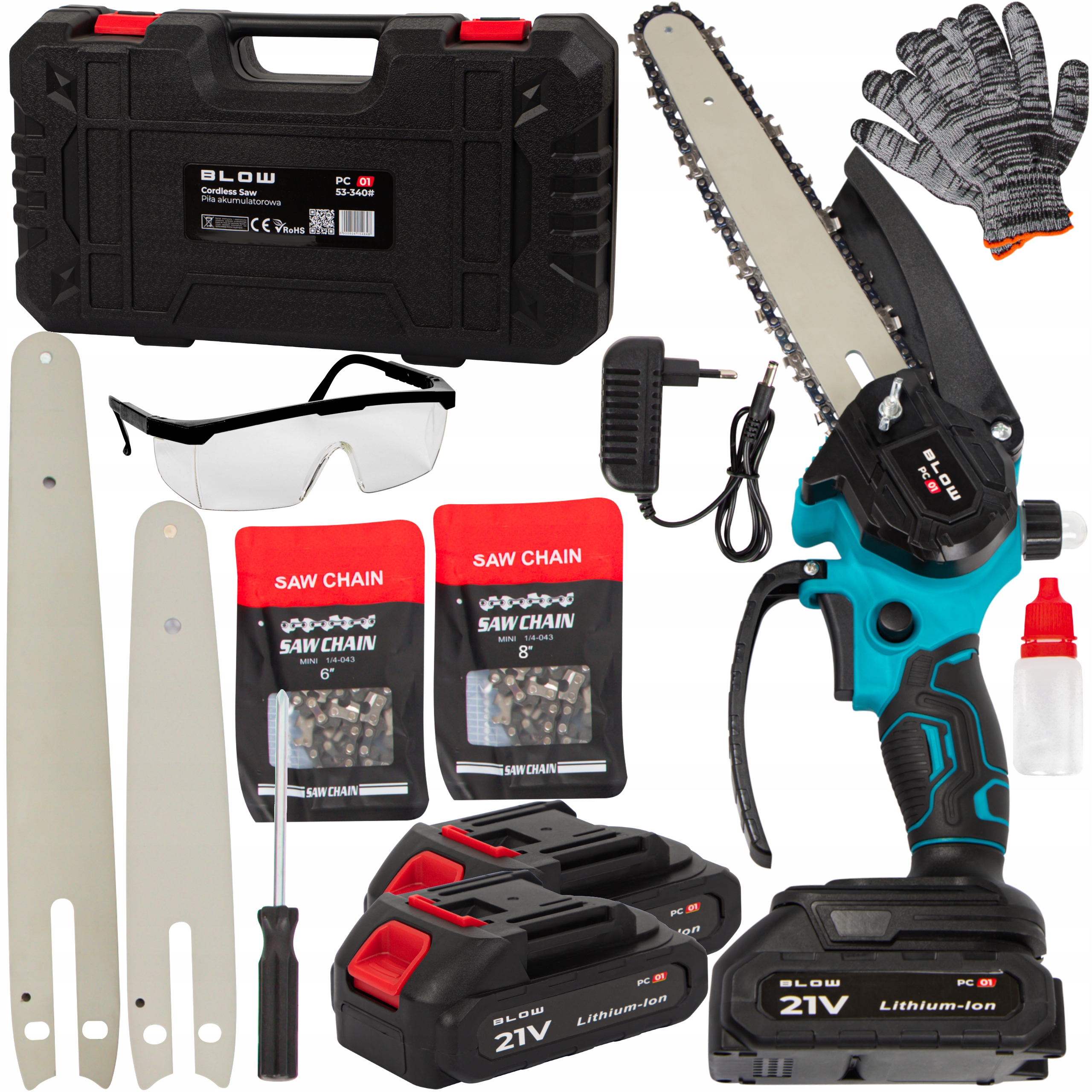 Elektrická Řetězová Pila 1000W 8" Akumulátorová 2x Aku 21V Větev