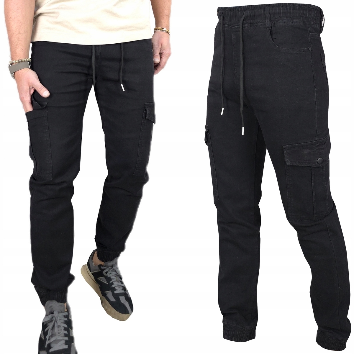 Spodnie Męskie długie Czarne Bojówki 7 Kieszeni mocne jeansowe Pas Gumką, L
