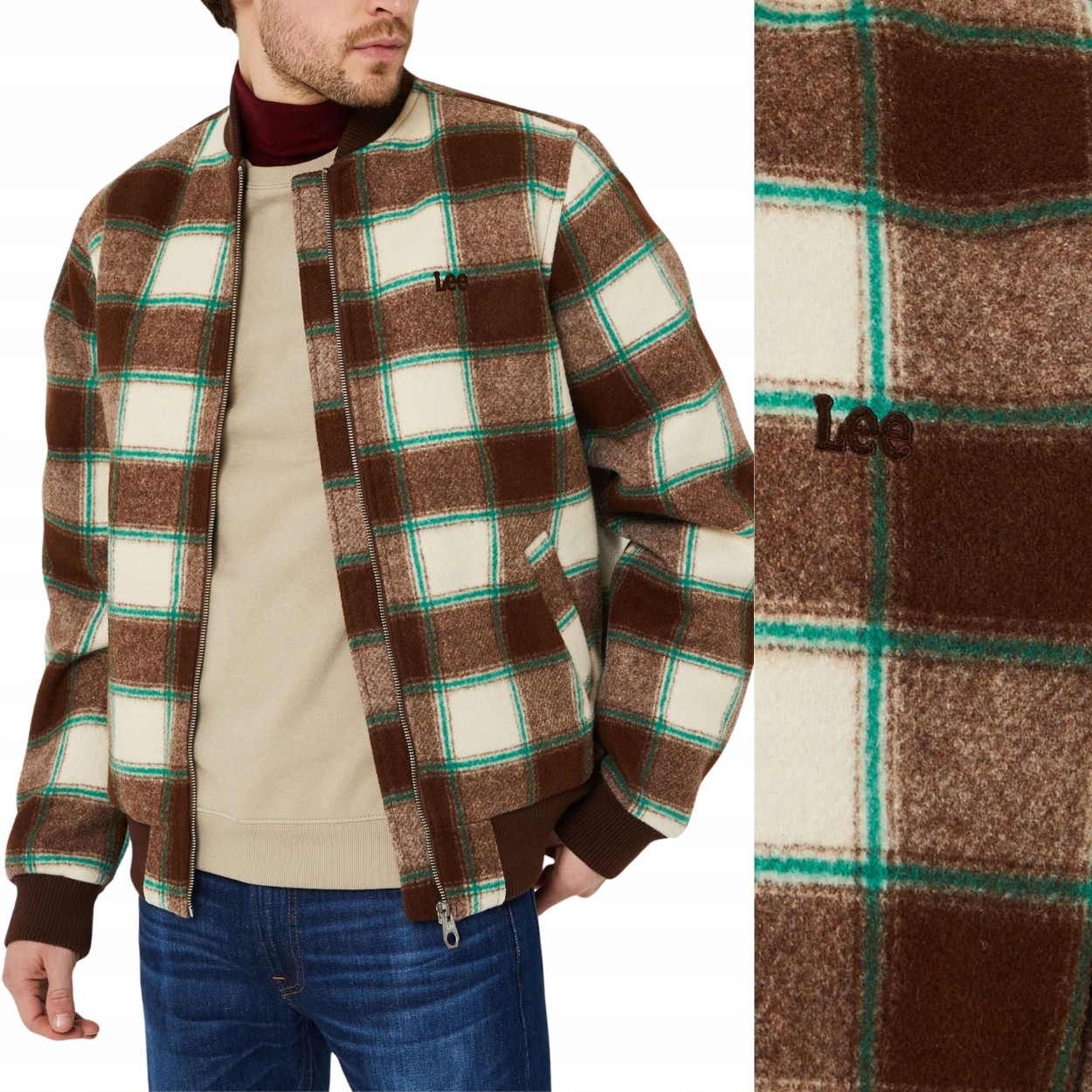 Lee Wool Bomber Jacket Umber zateplená vlněná bomber bunda s kostkovaným vzorem XXL