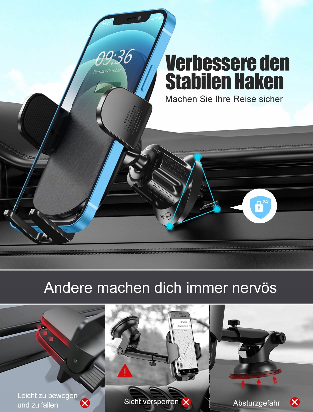 GLANGEH Uchwyt Samochodowy Do Telefonu 360° Kompatybilny z iPhone Galaxy — miniatura 4