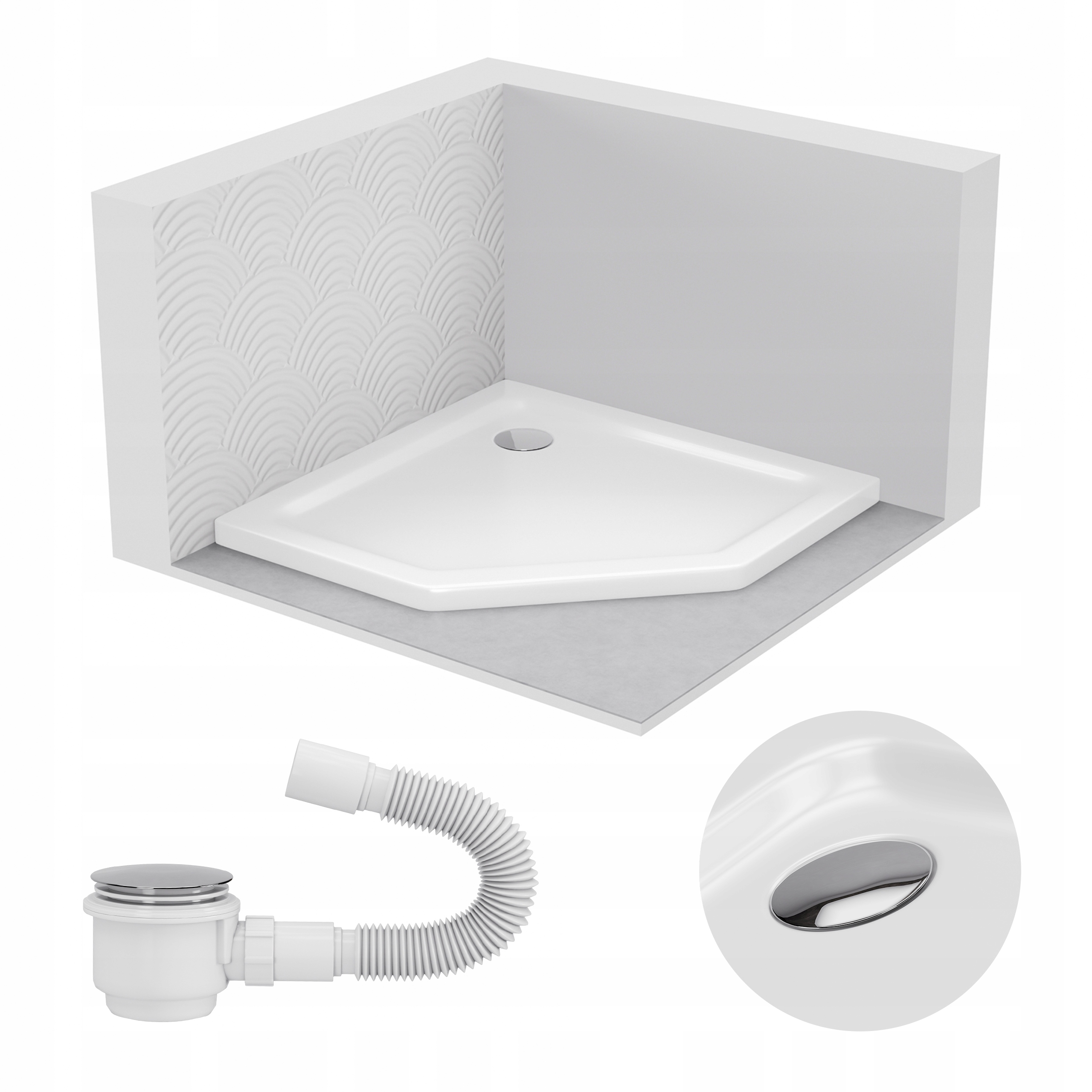 Pětiúhelníková sprchová vanička 90x90 Slim nízká 5 cm bílá, sifon bílý