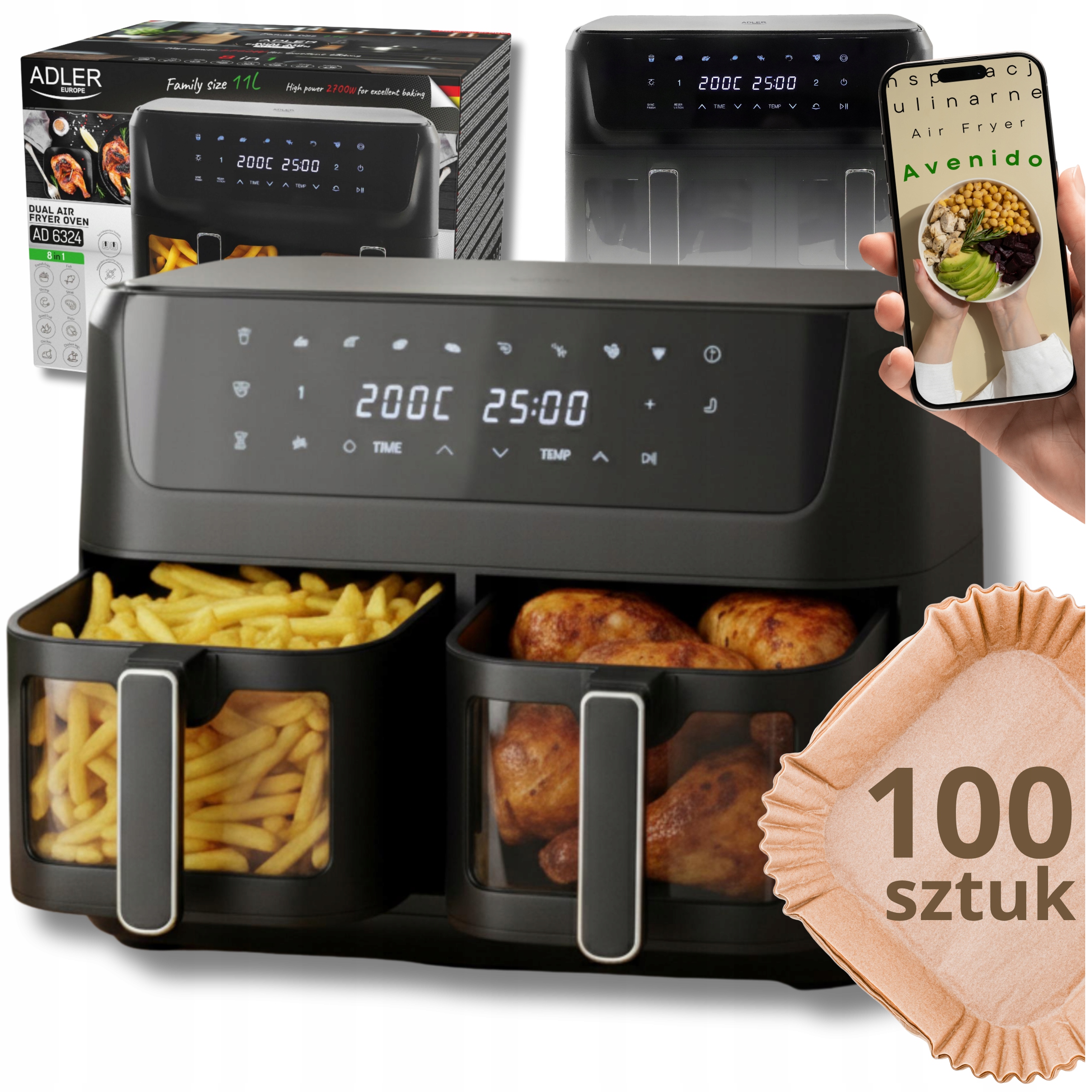 Beztuková dvoukomorová fritéza Adler 11L Air Fryer 2700W 8 programů