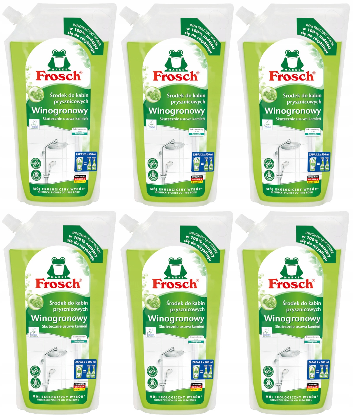 Levně 6 x Frosch Ekologický hroznový přípravek do sprchových koutů Náhradní náplň 1000 ml