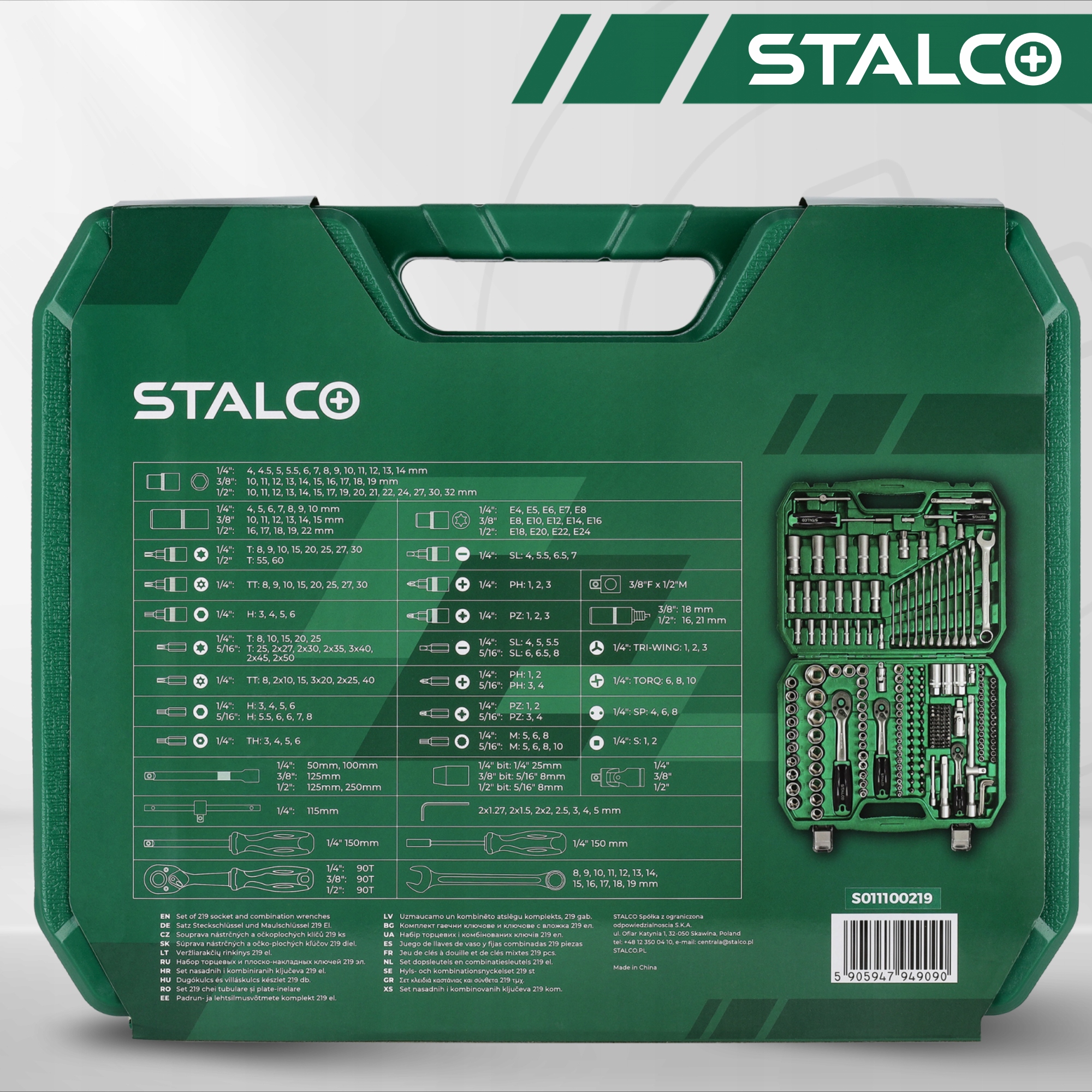 Stalco zestaw kluczy nasadowych i płasko oczkowych, 219 elementów S-54005