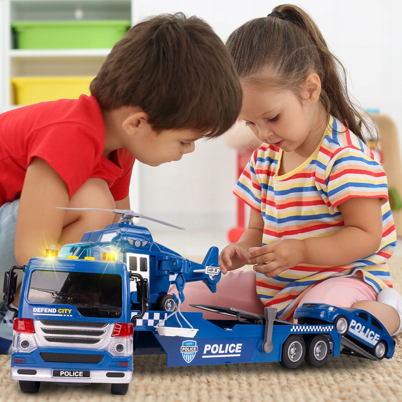 LAWETA POLICYJNA 1:16 ŚWIATŁO DŹWIĘK RUCHOME ELEMENTY HELIKOPTER AUTO Marka MalPlay