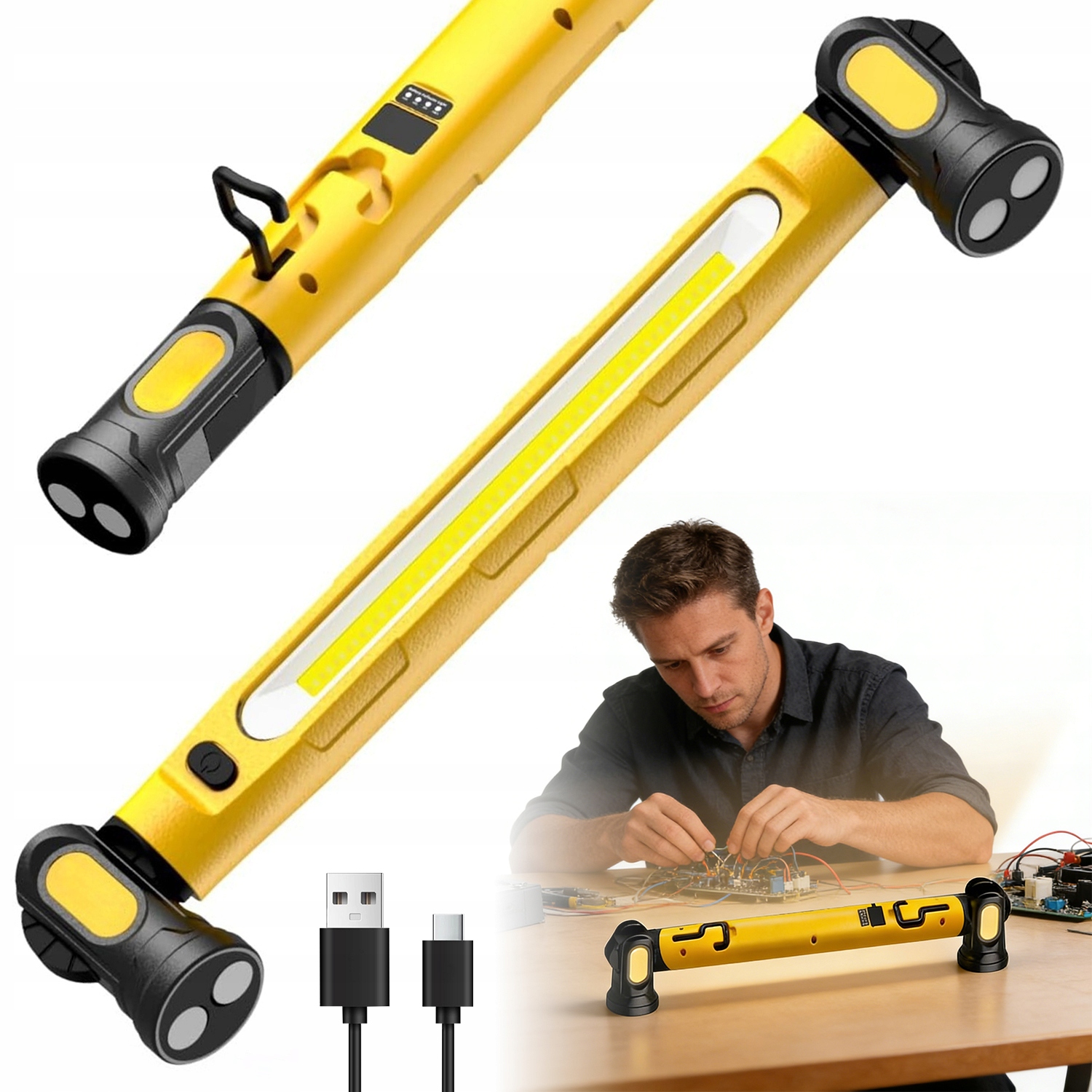 Led Magnetická Lampa Cob 3000LM 5000MAH Žlutá Otočná Do Dílny