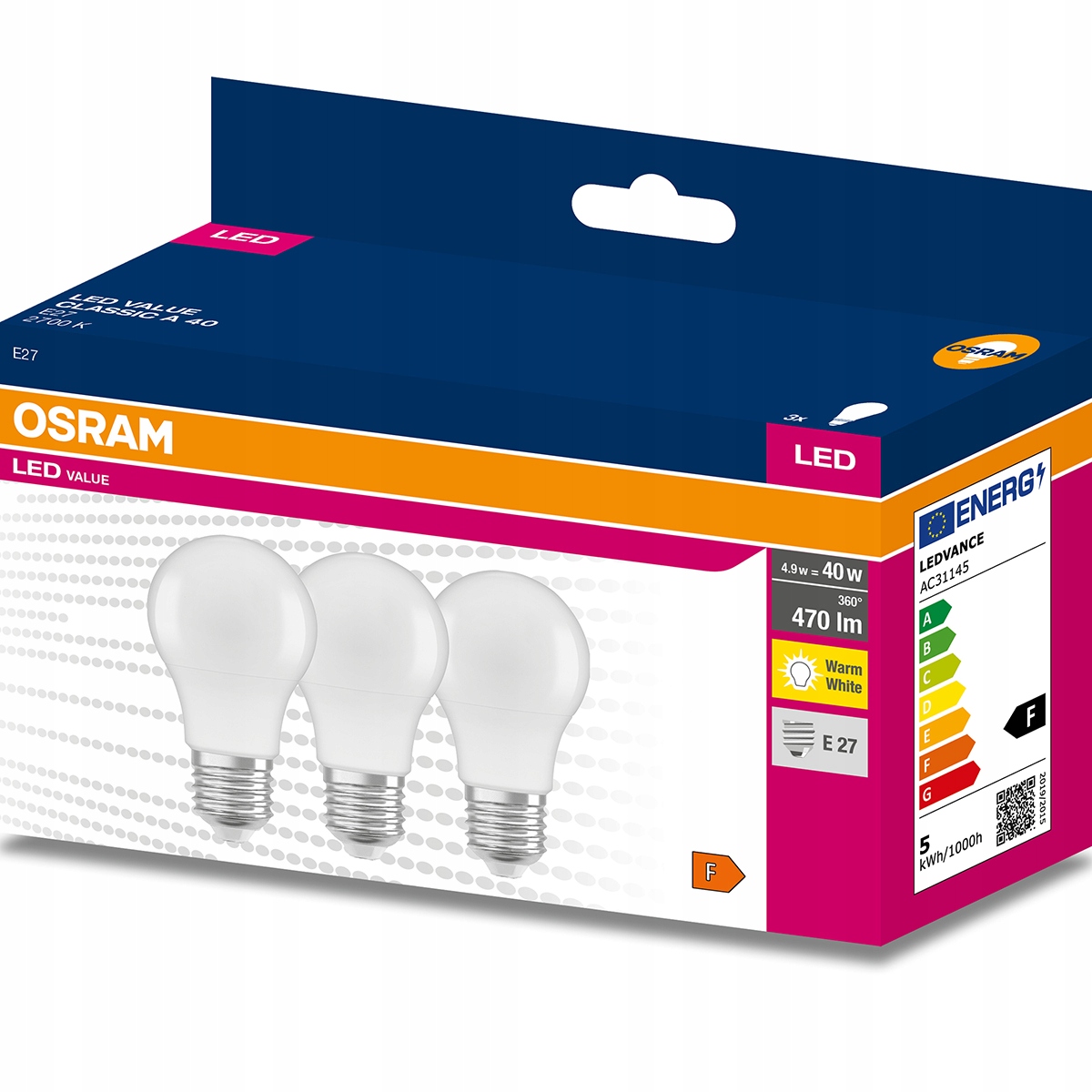 

3x Żarówka Led E27 A60 4,9W 40W 470lm 2700K Osram
