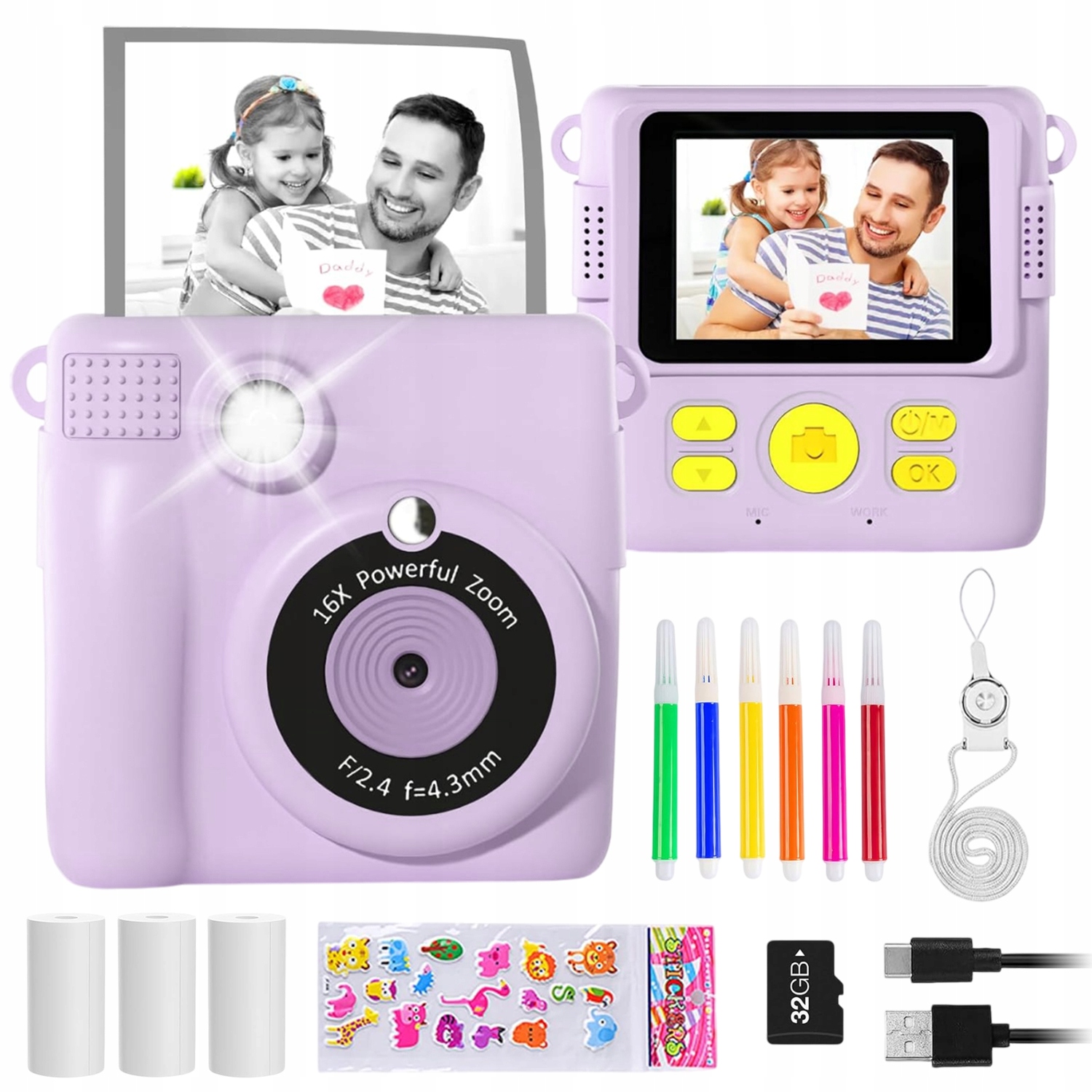 16X Fotoaparát S Termální Tiskárnou Pro Děti, Jasný Obraz, 2,4PALCOVÝ Displej Ips