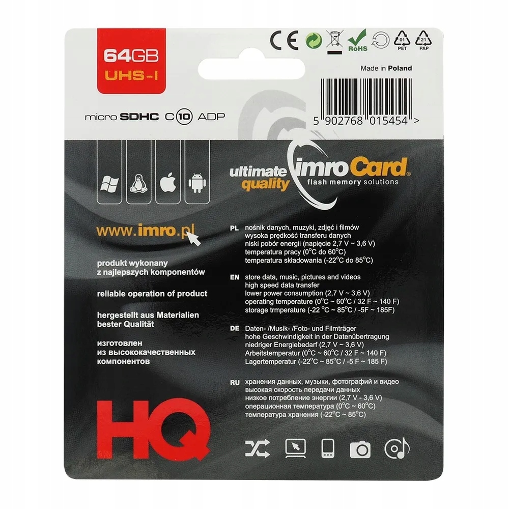 Karta Pamięci IMRO microSD 64GB 10 UHS 100MB/s Typ karty SDHC