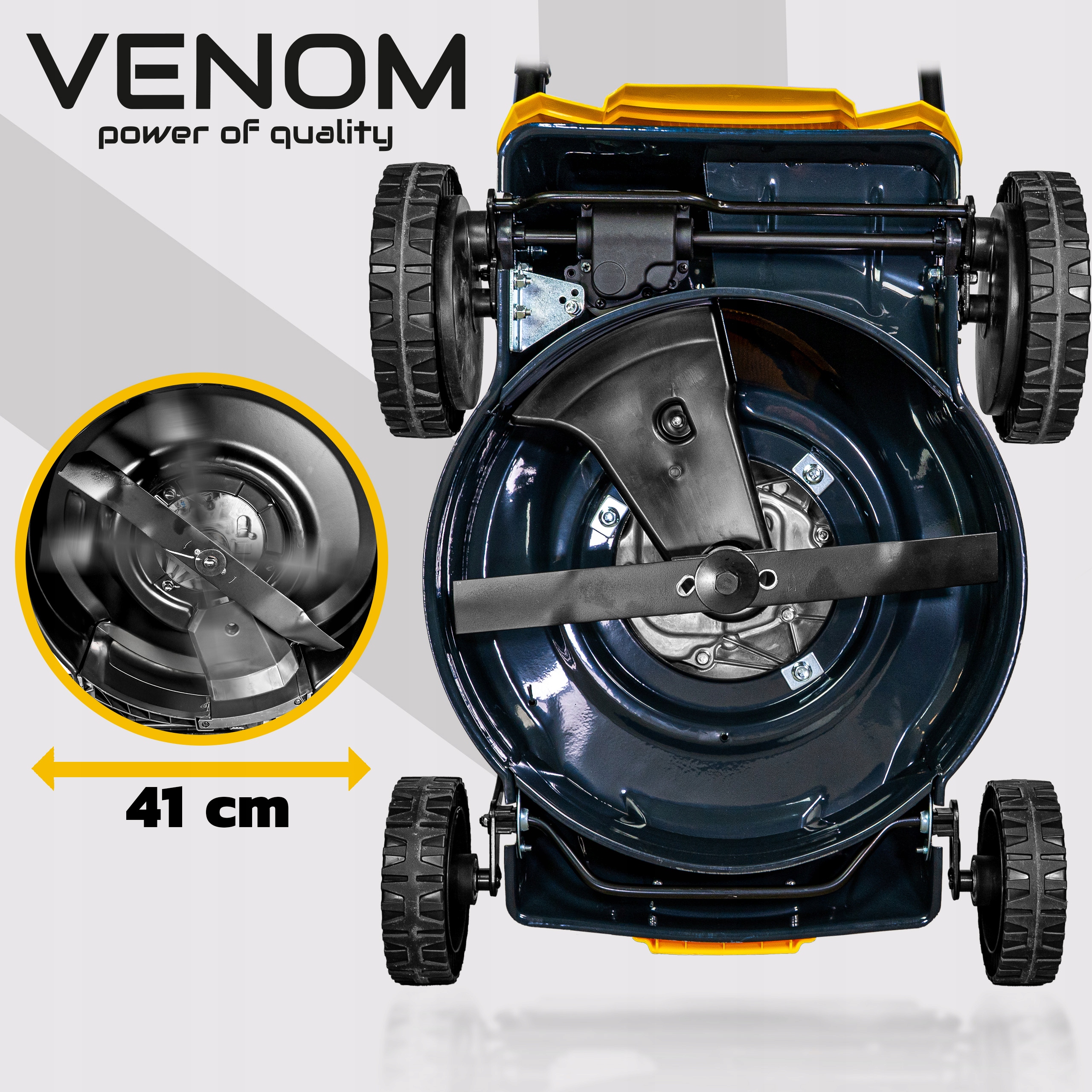 MOCNA KOSIARKA SPALINOWA VENOM 41CM POTĘŻNY SILNIK Z NAPĘDEM ZESTAW 9W1 XXL Regulacja wysokości koszenia z regulacją