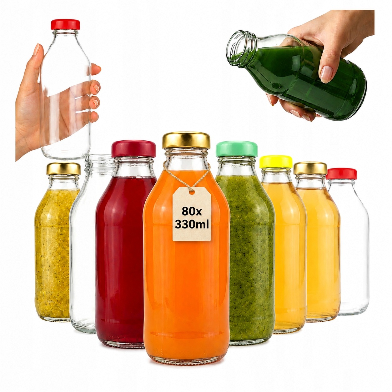 80x Láhev na džus, sirup, 330 ml, láhev, zavařeniny, džusy Víčko, fi33
