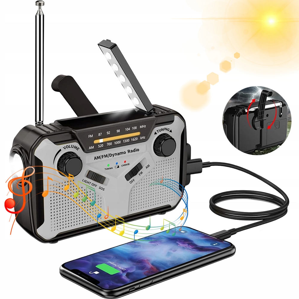 Solární nouzové rádio s upozorněním na počasí a nabíjením přes Usb