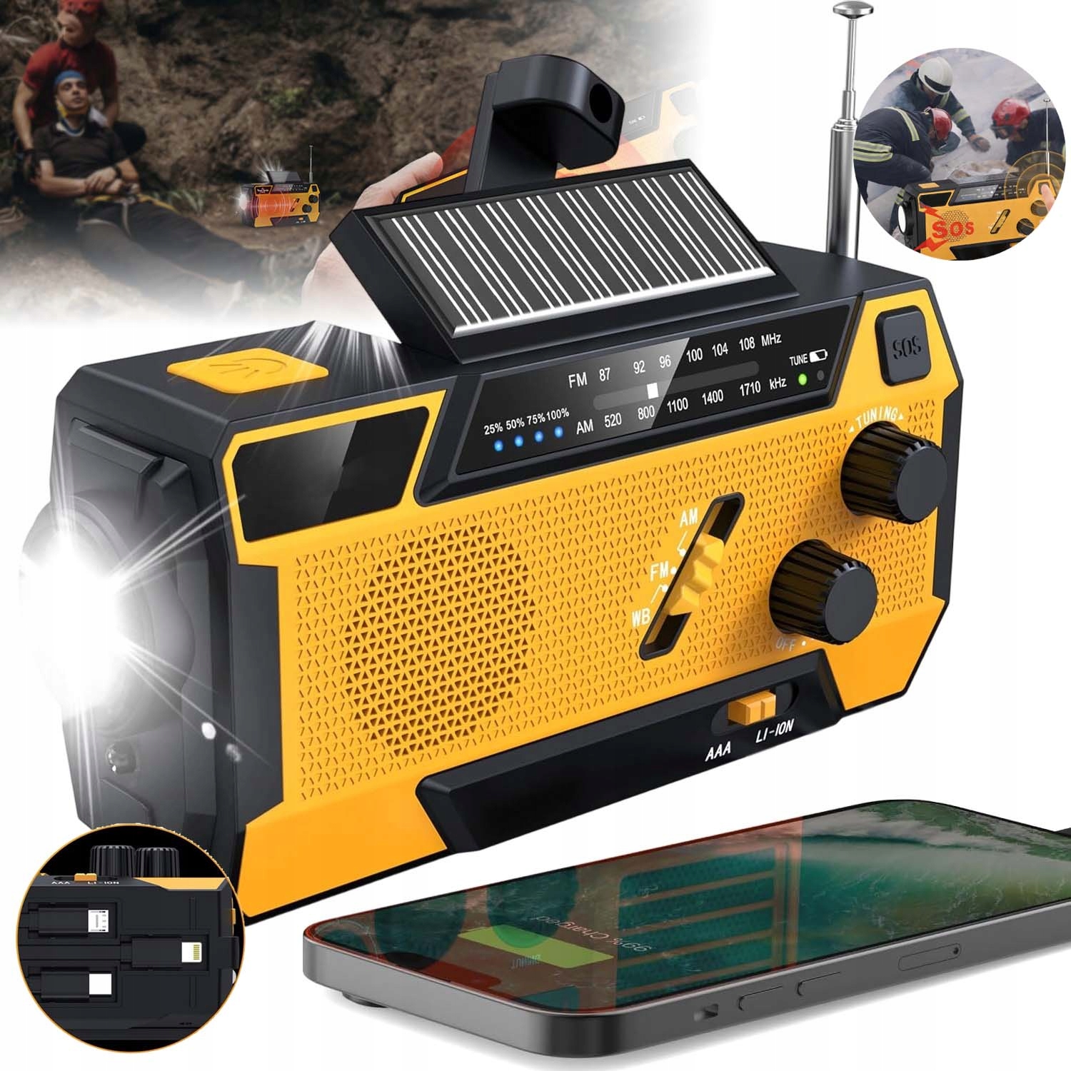 3V1 Rádio Na Kliku Přenosné Solární Dynamo Svítilna Powerbanka 2000MAH