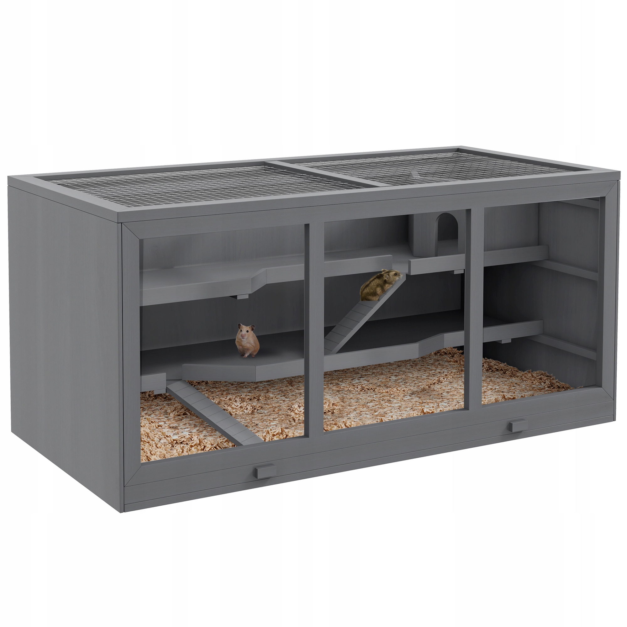 Levně Klec pro křečka PawHut, dřevěná, pro malá zvířata, šedá