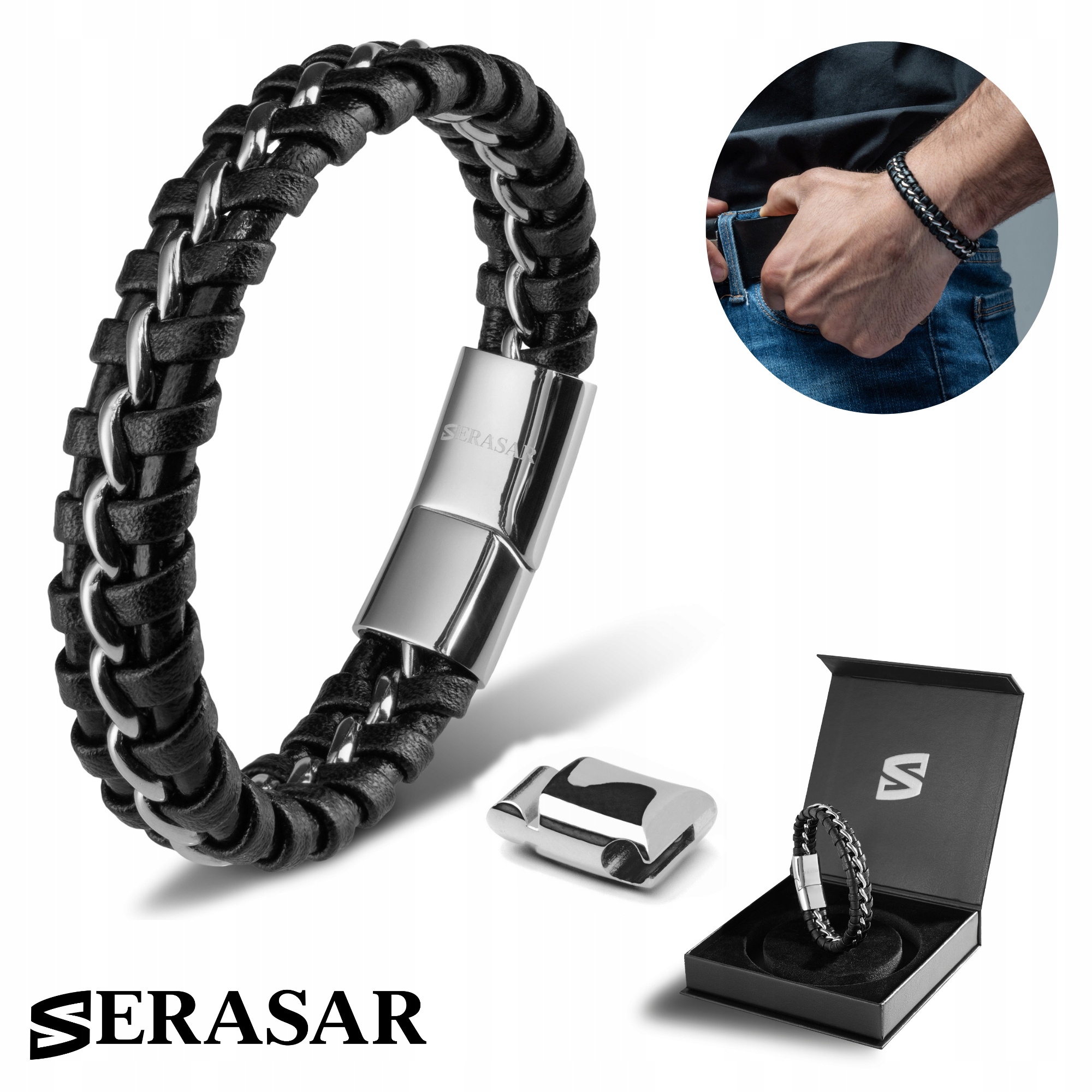 Serasar, Pánský kožený náramek [Joy] stříbrný, 20 cm