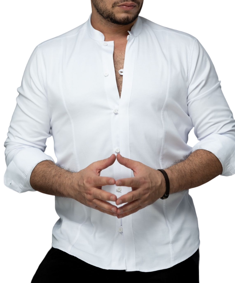 Elegantní Pánská Košile Stojka Bílá, Zajímavé Zapínání XL