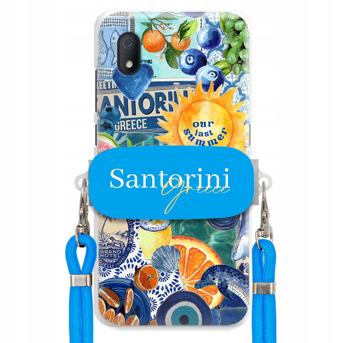 Puzdro pre Samsung A15 5G Modré Crossbody vodítko držiak Santorini Greece