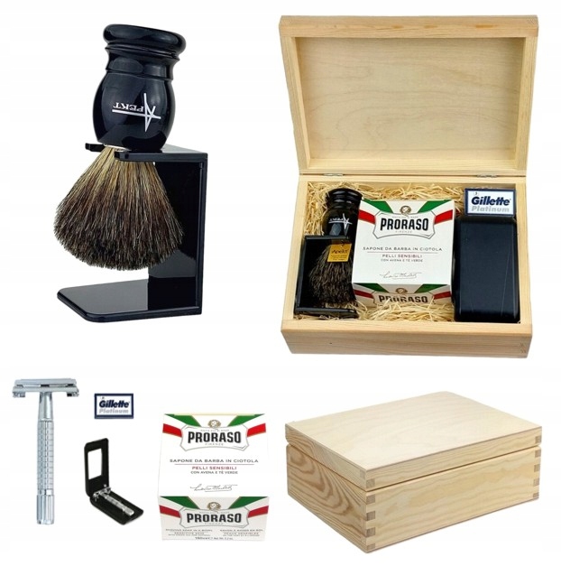 Štětec na holení Borsuk na stojanu Strojek na žiletky Mýdlo na holení