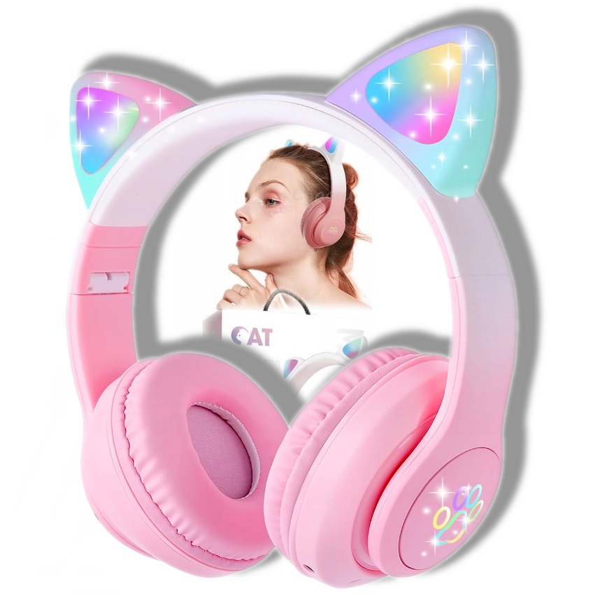SŁUCHAWKI DLA DZIECI Kocie USZY bezprzewodowe nauszne CAT LED RGB Różowe