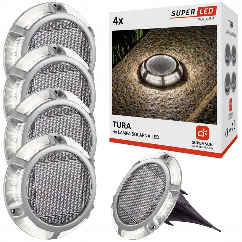 Zestaw 4x Lampa solarna Led wbijana gruntowa ogrodowa Dysk SuperLED Premium