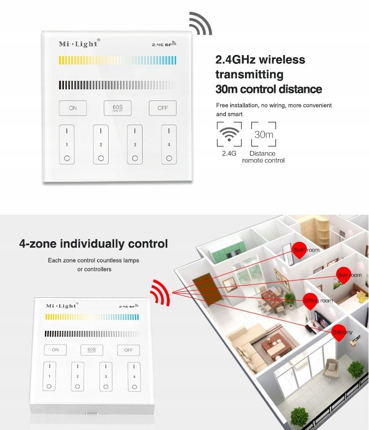 Panel naścienny CCT 4-strefowy 2xAAA B2 biały Marka Mi-Light