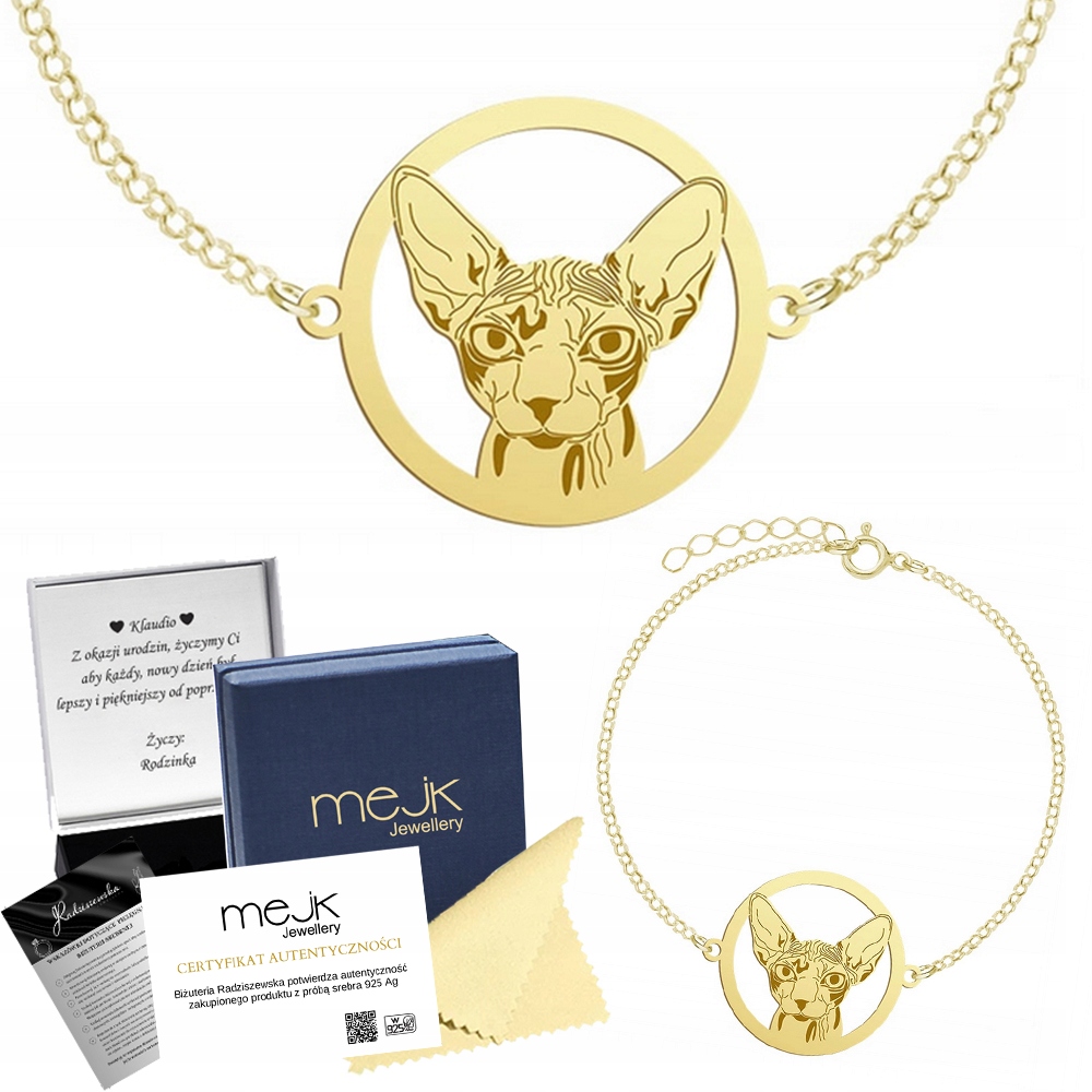 Zlatý náramek s kočkou Sphynx 925 Řetízek Šperky Dárek Gravírování