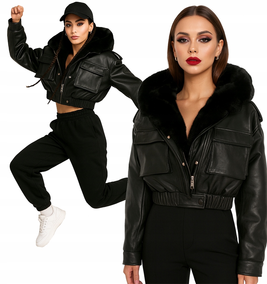 Kožená Bunda Bomber Zimní Kožíšek Kožešina S Kapucí Černá S