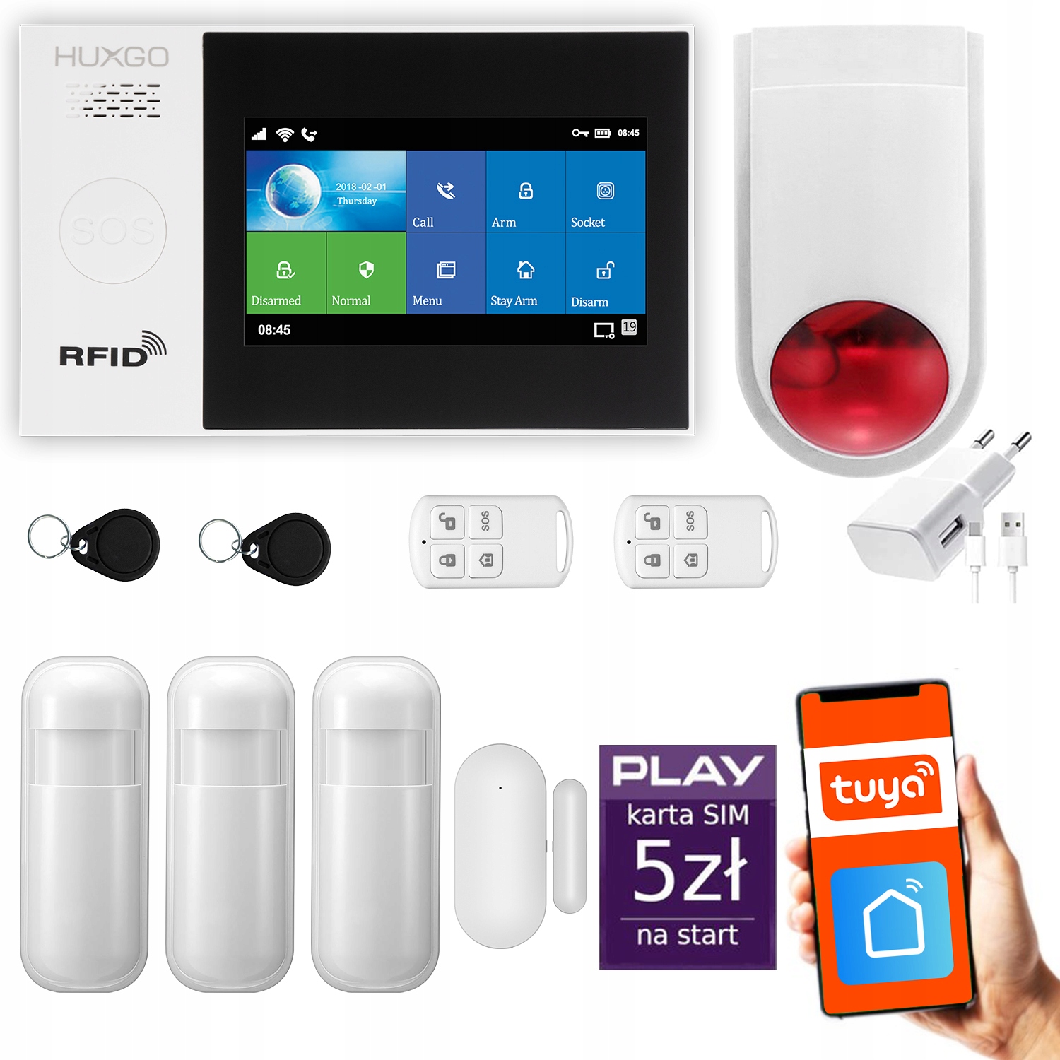 Alarm bezprzewodowy GSM + WiFi z aplikacją TUYA , zestaw , HUXGO HXA007 EAN (GTIN) 5904708341845