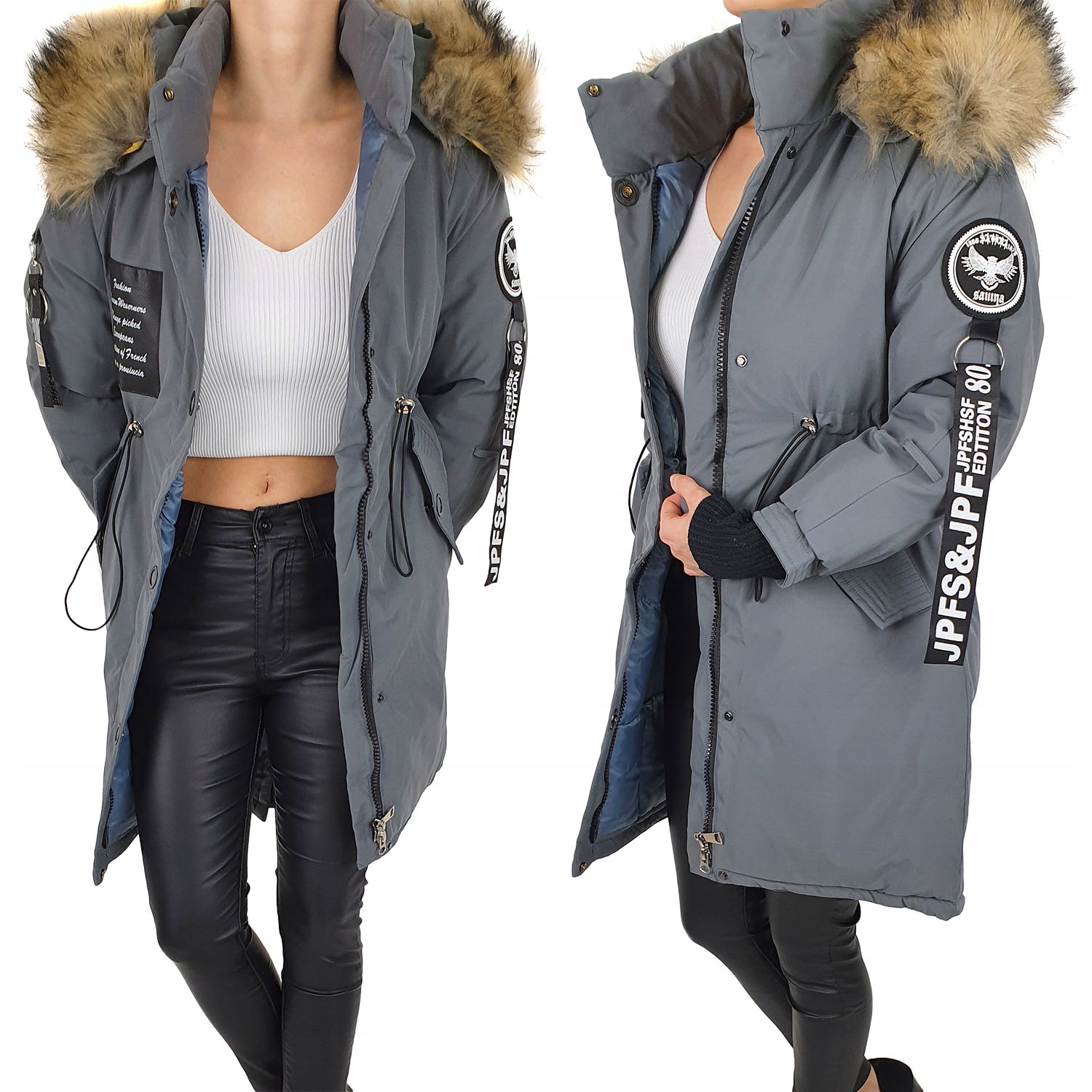 #vynikající Dámská Dlouhá Bunda Parka Kapuce Gray#