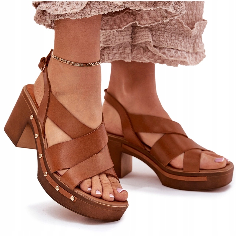 Sandály Přírodní Kůže Podpatek Elegantní Sloupek Zazoo 1081 Hnědé 40