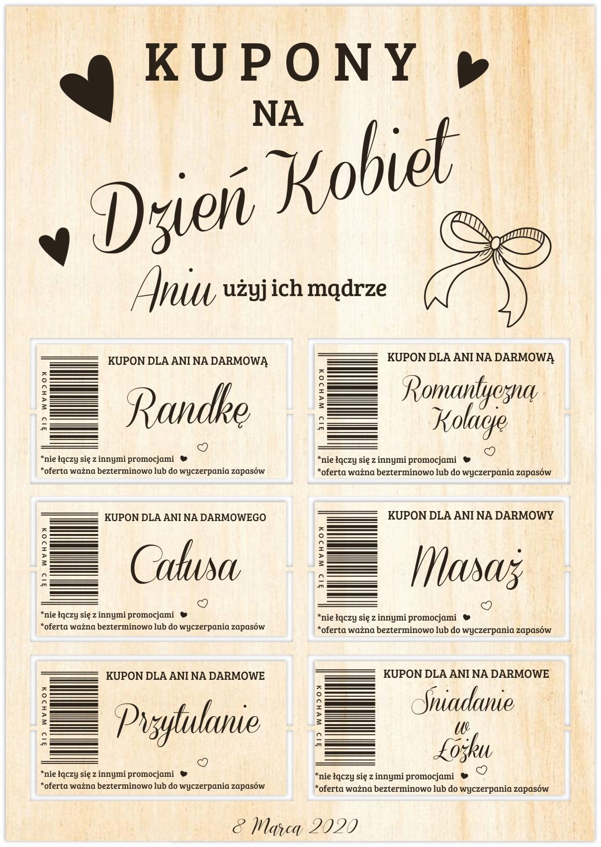 

Kupon Dzień Kobiet Voucher Bon Randka Imię Grawer