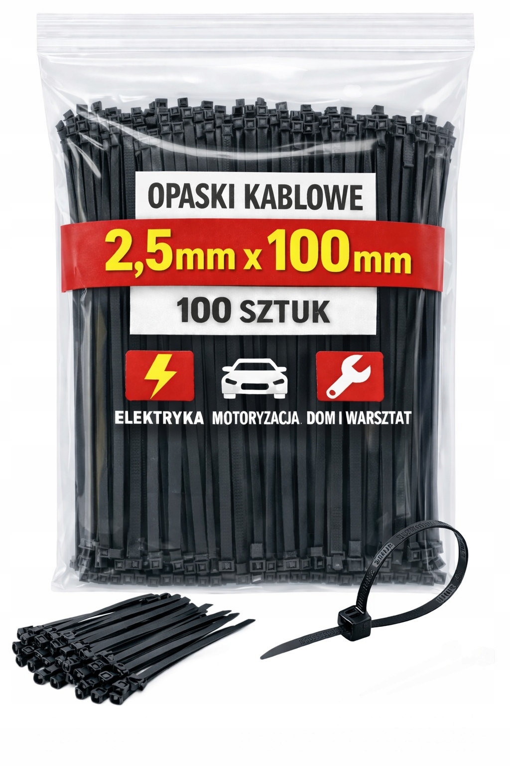 Opaski zaciskowe 2,5 x 100 mm czarne – trytytki kablowe nylon Pa – 100 szt.