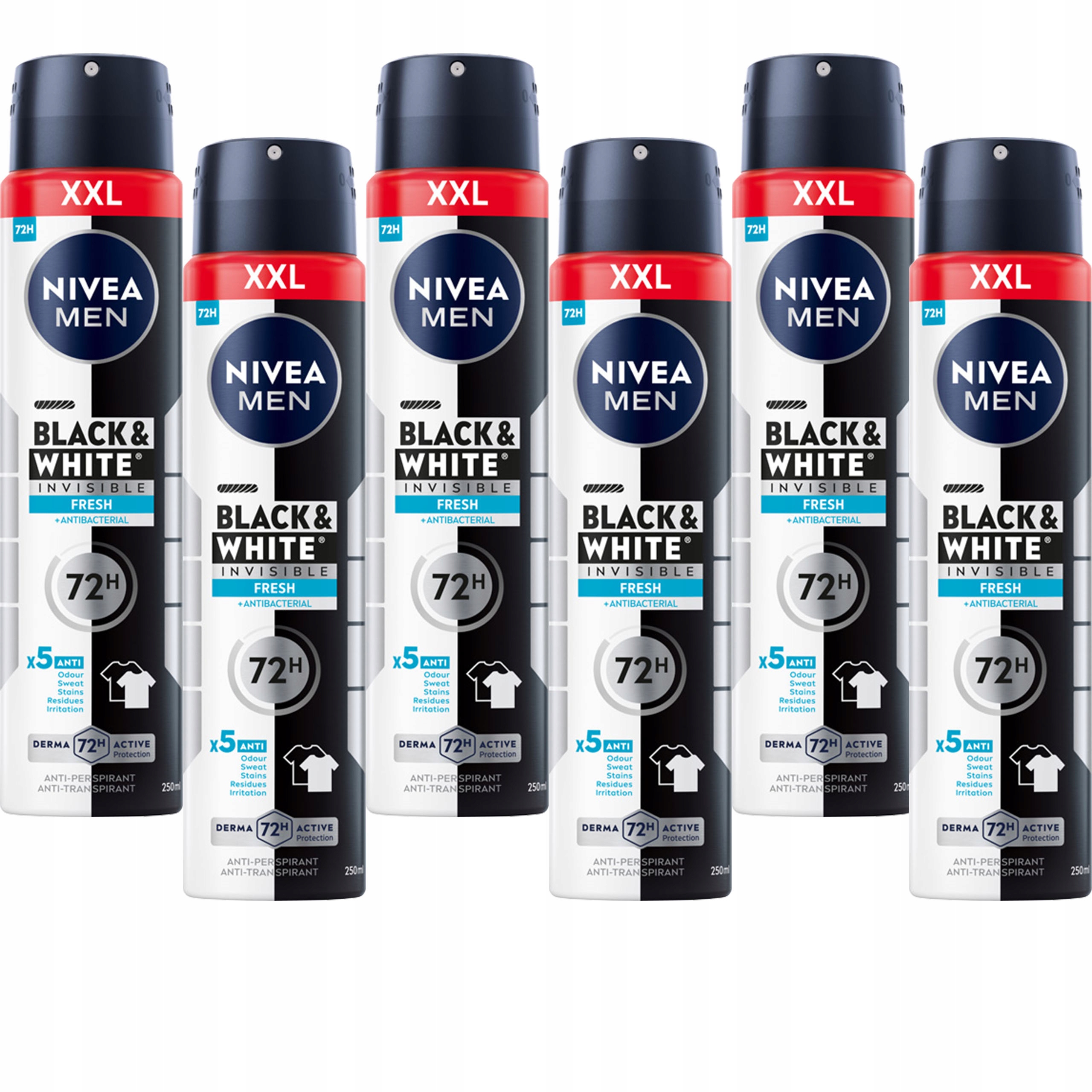 6 x Nivea Men Black & White Invisible Fresh Antiperspirant Ve Spreji 250 ML