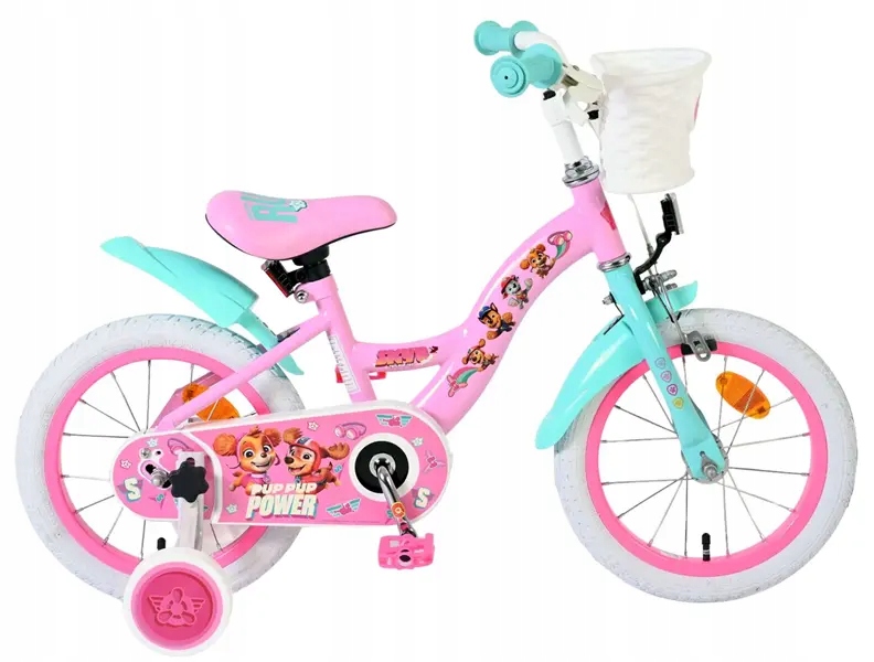 Rowerek dziecięcy 14 cali Psi Patrol różowy z koszykiem i bocznymi kołami