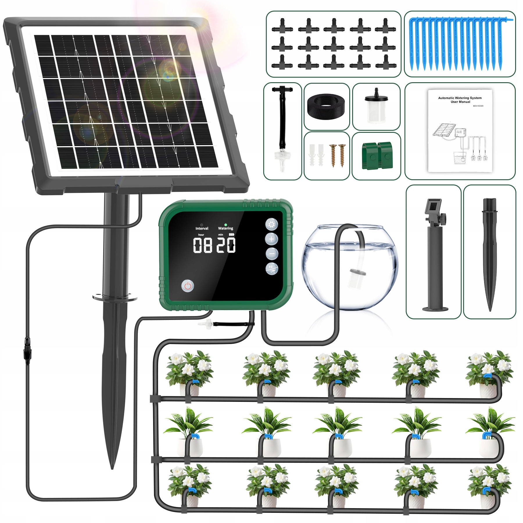 Solární systém zavlažování rostlin, automatický, 15 m hadice, s LCD sadou