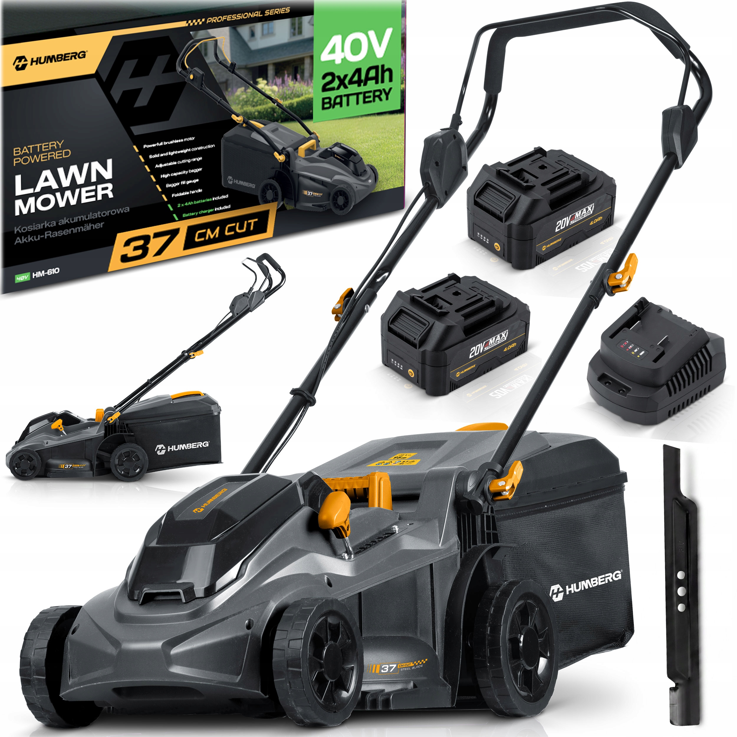 Akumuliatorinė bešepetėlinė vejapjovė 2xAKU lengva galinga 1000W 37cm HUMBERG