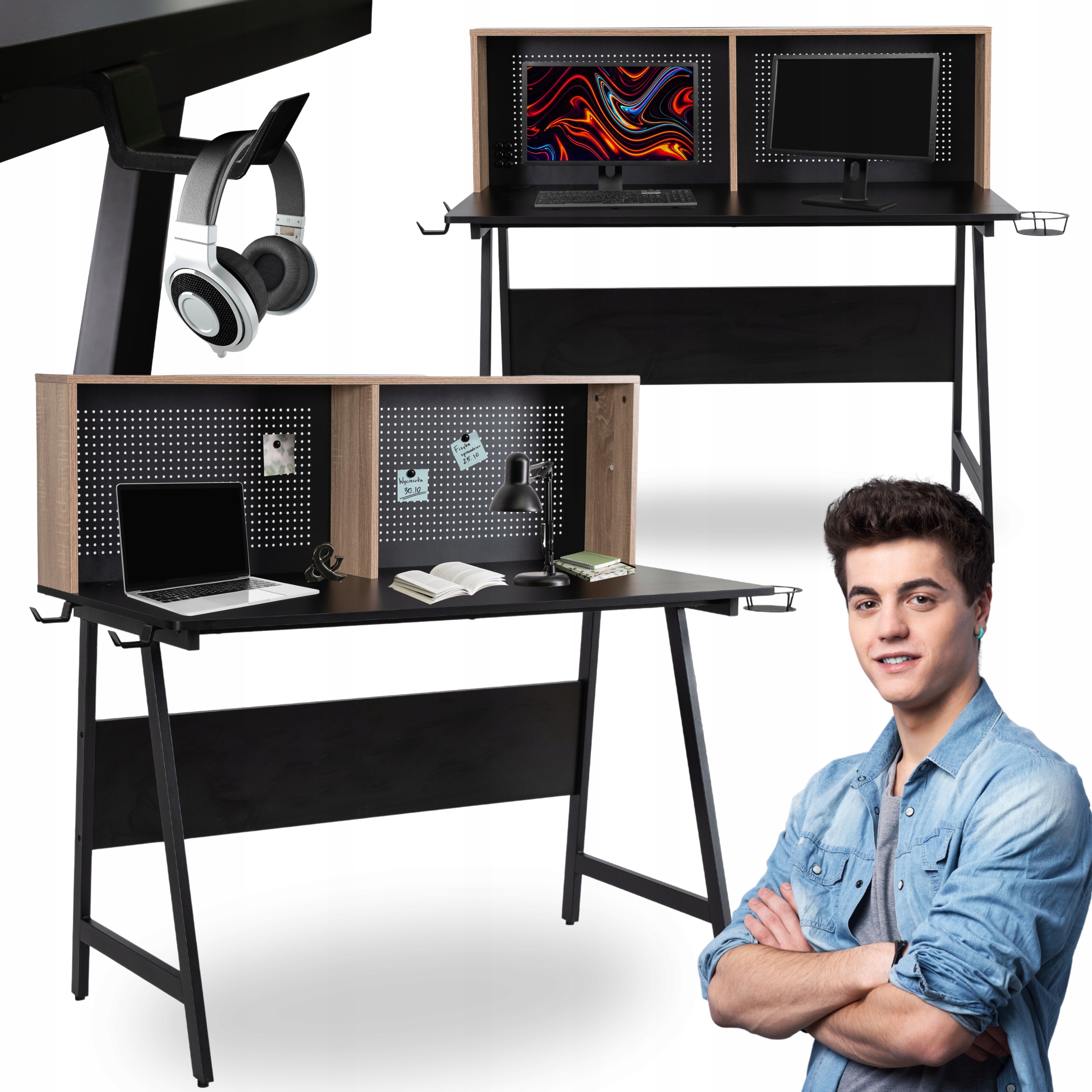 Černý Pro Mládež počítačový industriální psací stůl s nástavcem Loft Ice