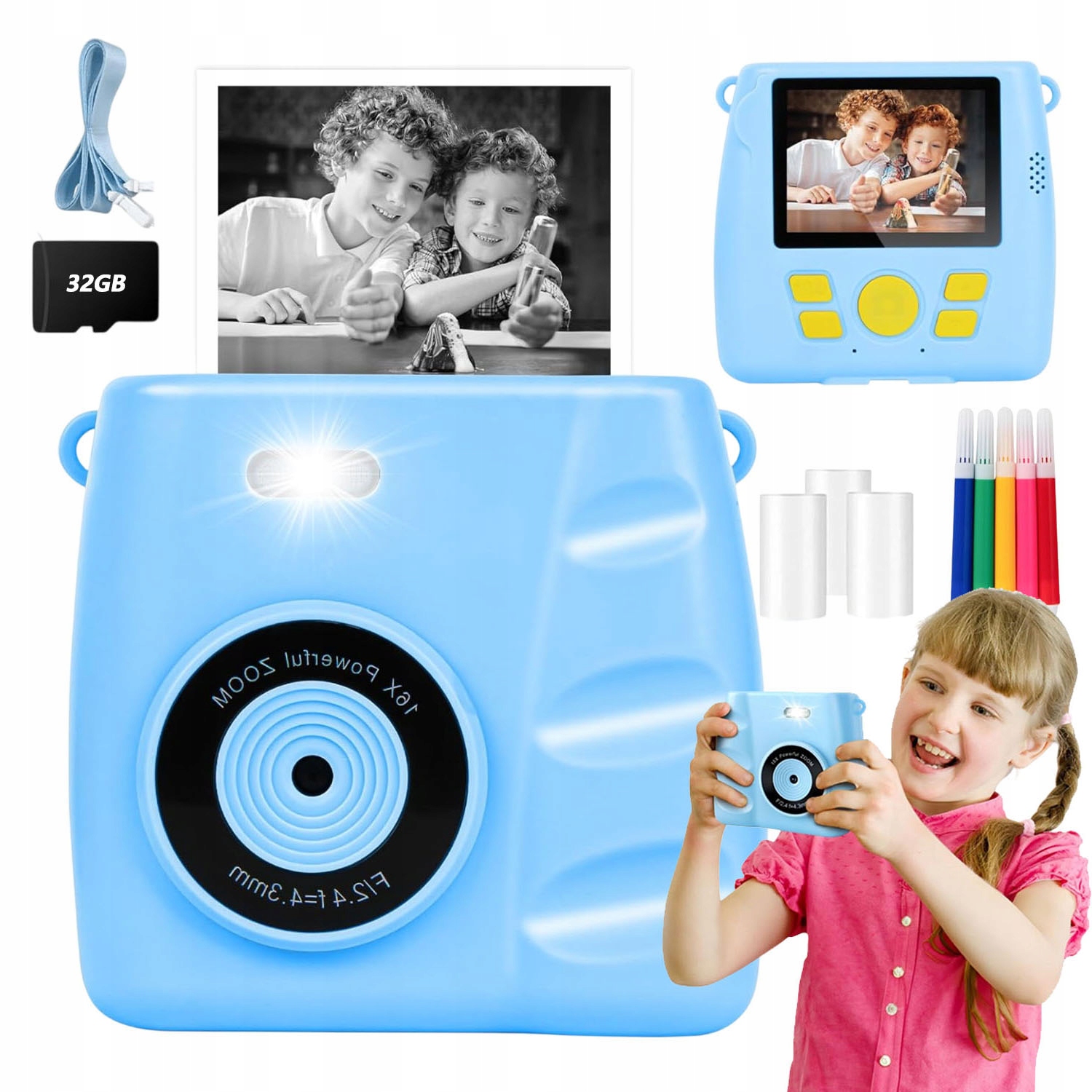 Instantní Fotoaparát Pro Děti 1080P 32 Gb 3 Role Papíru